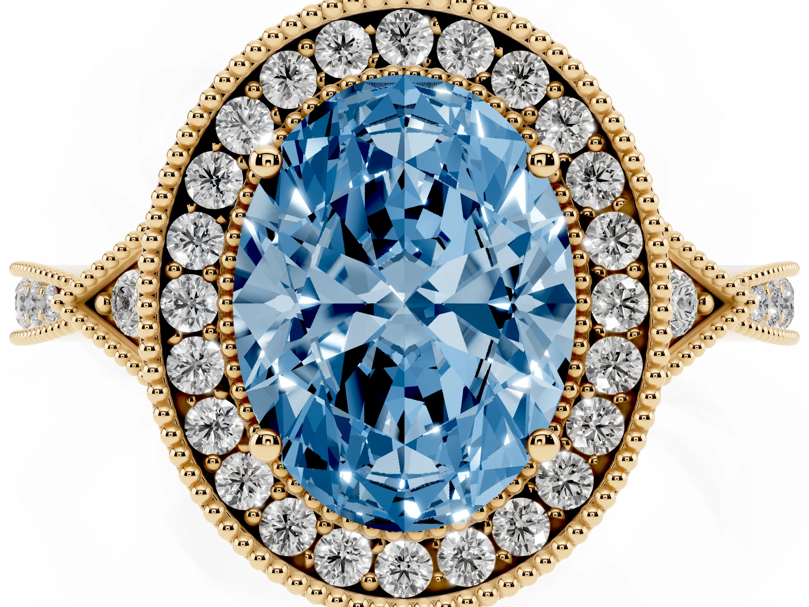 Fancy Blue Oval Cut Diamond Halo Engagement Ring Set in Yellow gold with Milgrain Pavé Band