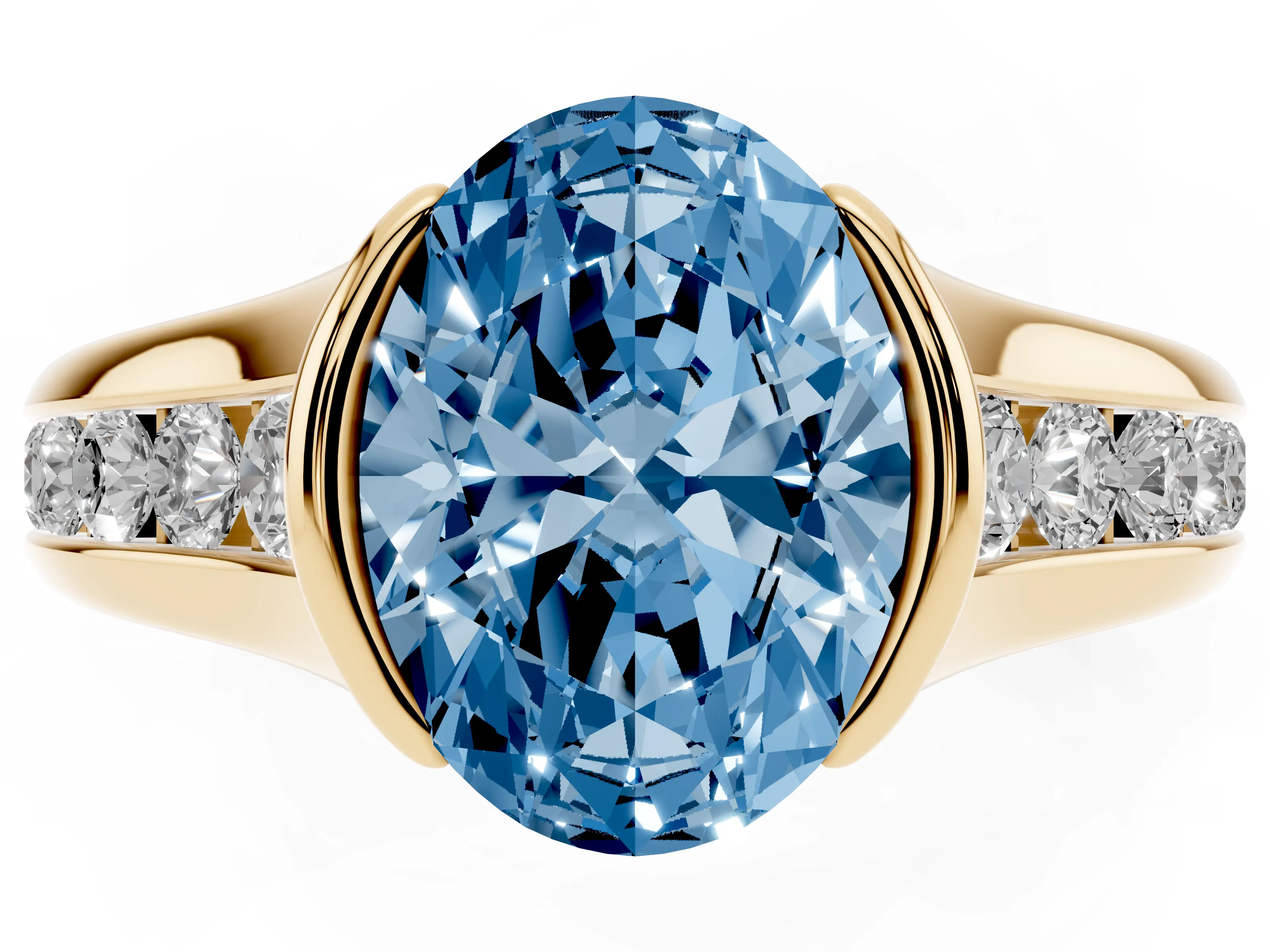 Fancy Blue Oval Cut Diamond Bezel-Set Solitaire Ring Set in Yellow gold with Channel-Set Band