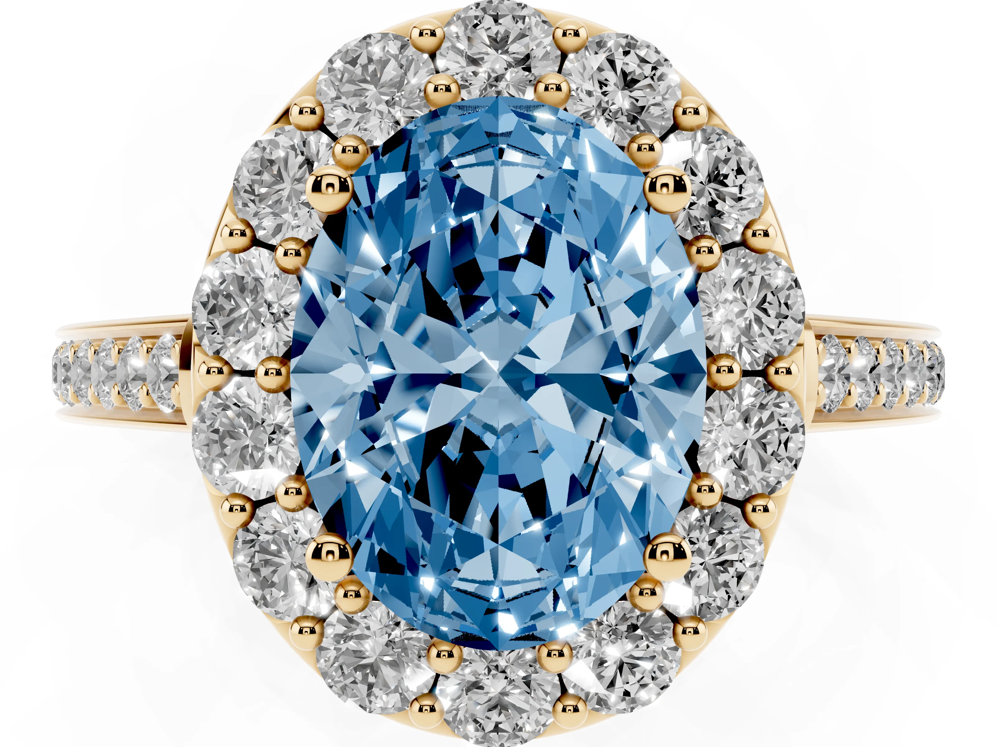 Fancy Blue Oval Cut Diamond Floral Halo Ring Set in Yellow gold with Pavé Band and Prong Setting