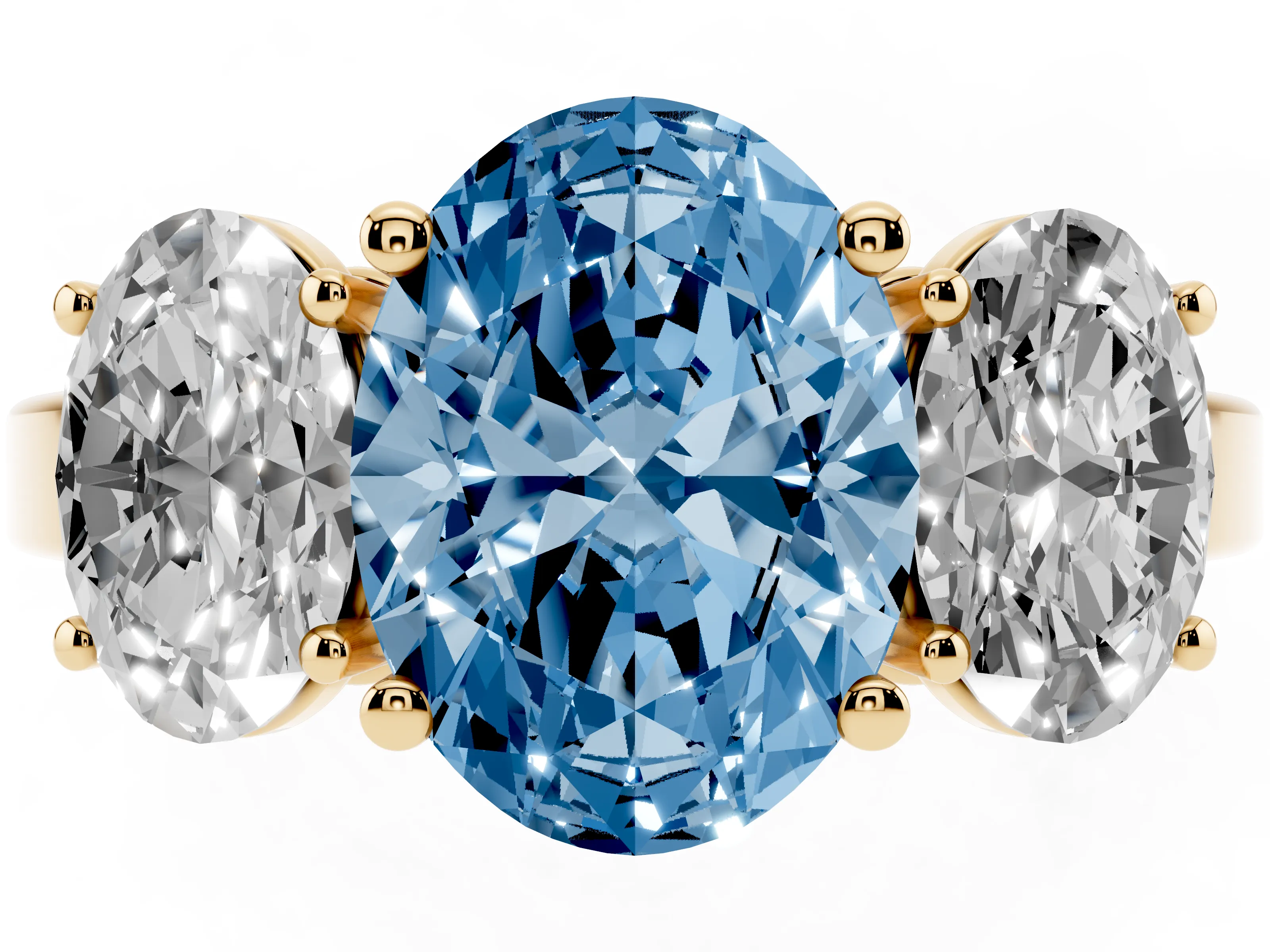 Fancy Blue Oval Cut Diamond Three-Stone Engagement Ring Set in Yellow gold with Flat Band