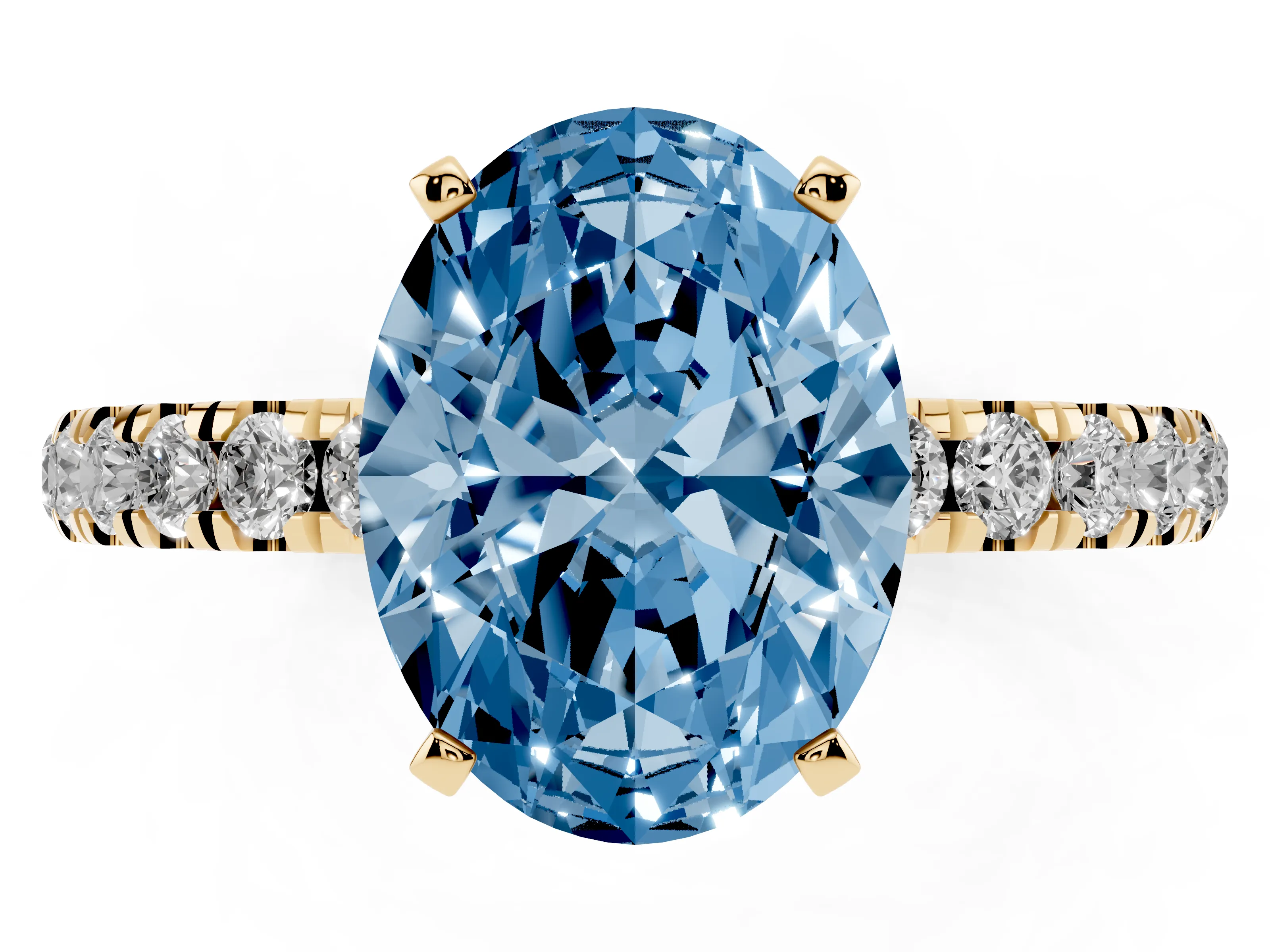 Fancy Blue Oval Cut Diamond Solitaire Ring Set in Yellow gold with Pavé Accents and Prong Setting