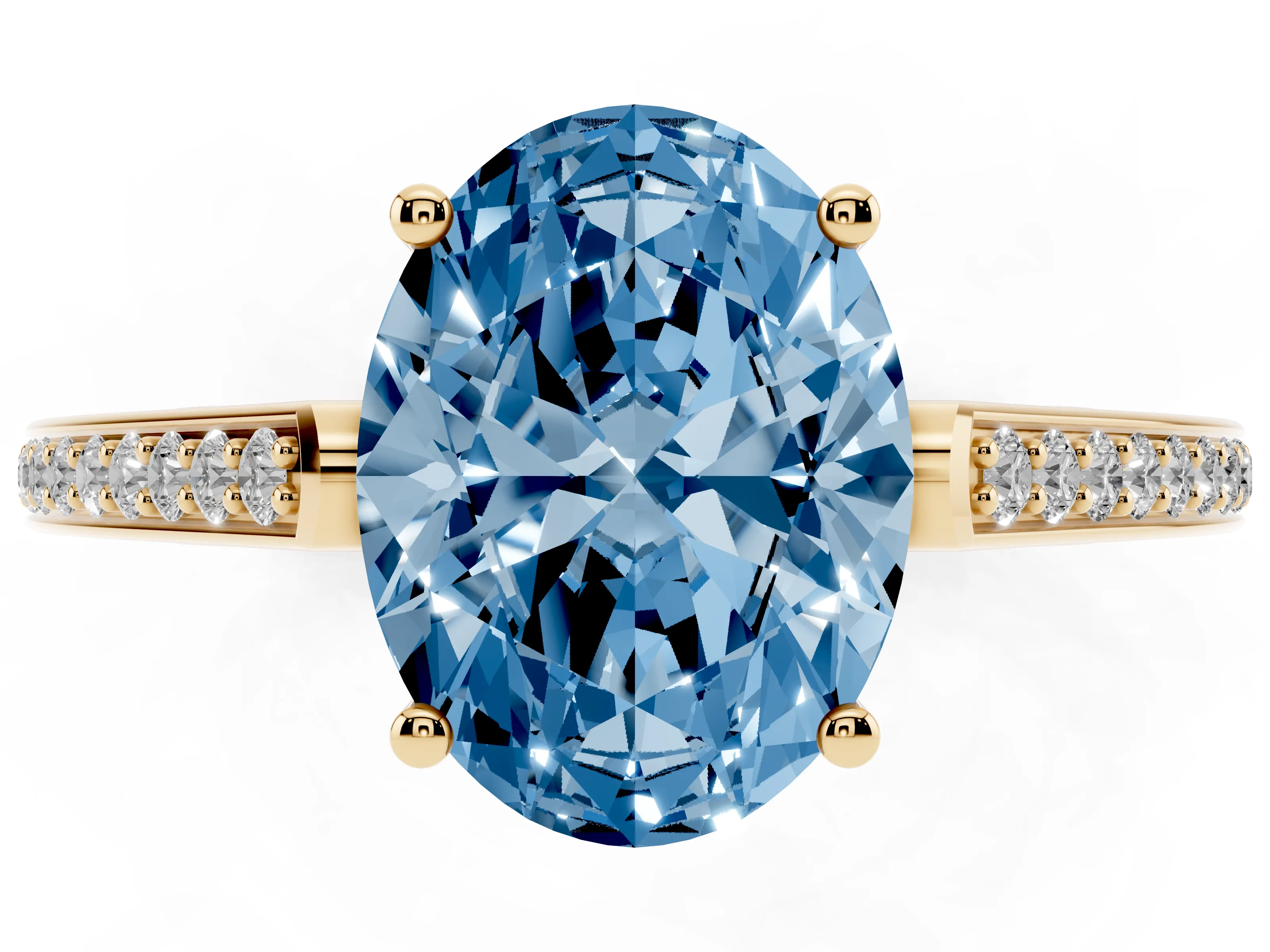 Fancy Blue Oval Cut Diamond Cathedral Pavé Engagement Ring Set in Yellow gold with Prong Setting