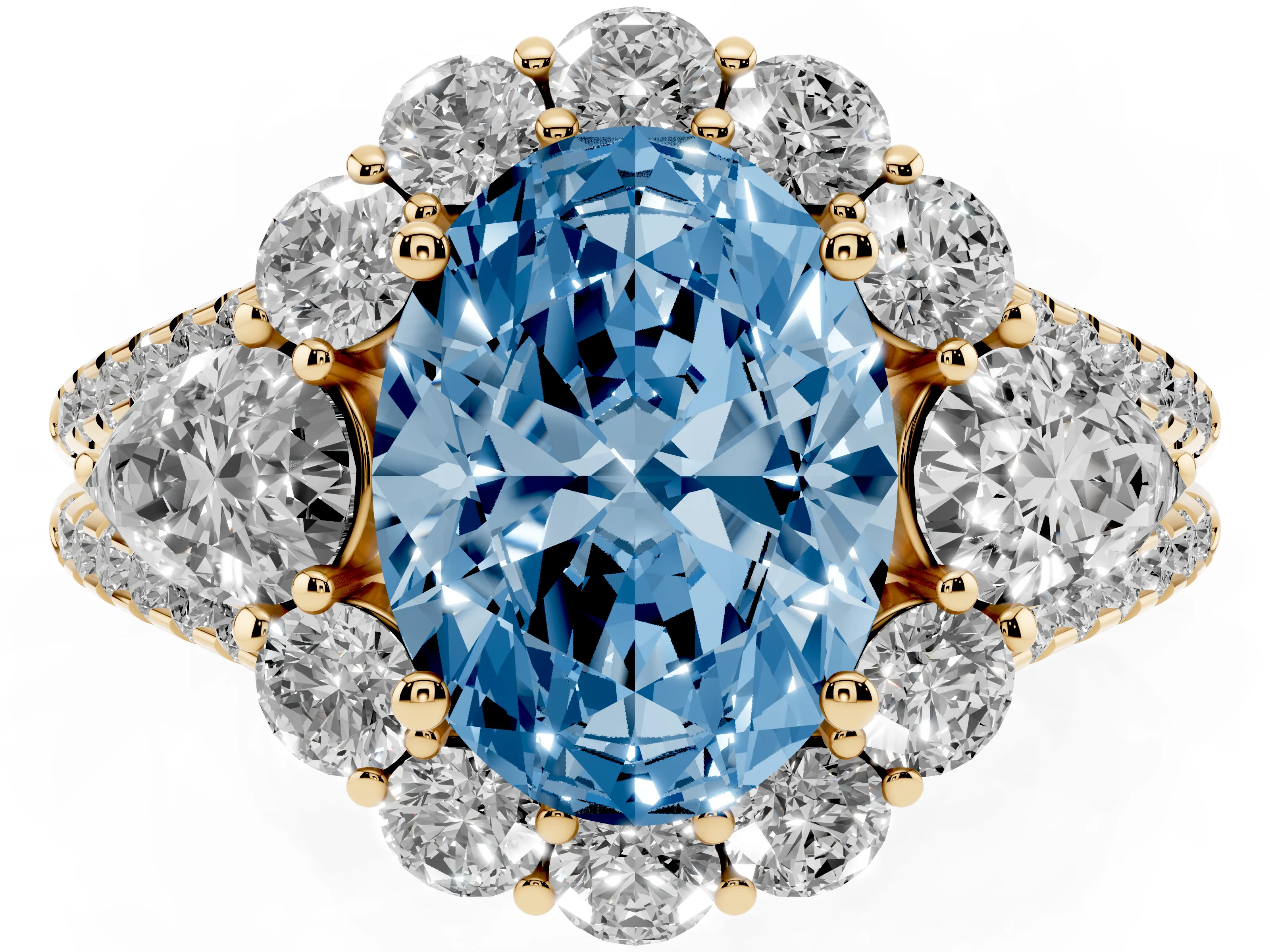 Fancy Blue Oval Cut Diamond Halo Split Shank Engagement Ring Set in Yellow gold with Prong-Held Center Stone