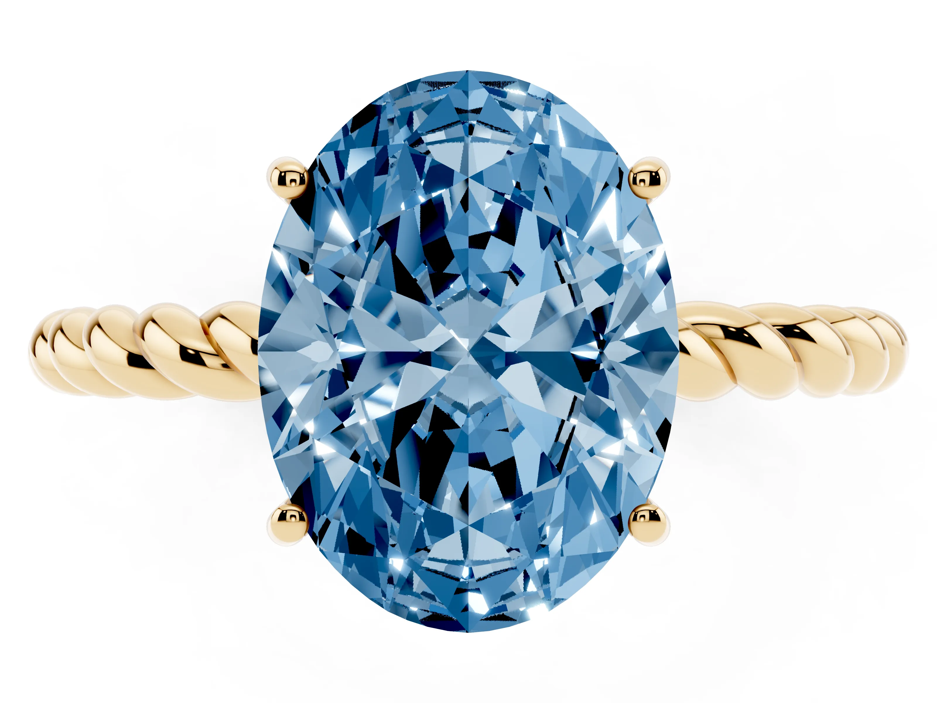 Fancy Blue Oval Cut Diamond Solitaire Twisted Band Ring Set in Yellow gold with Prong Solitaire Setting