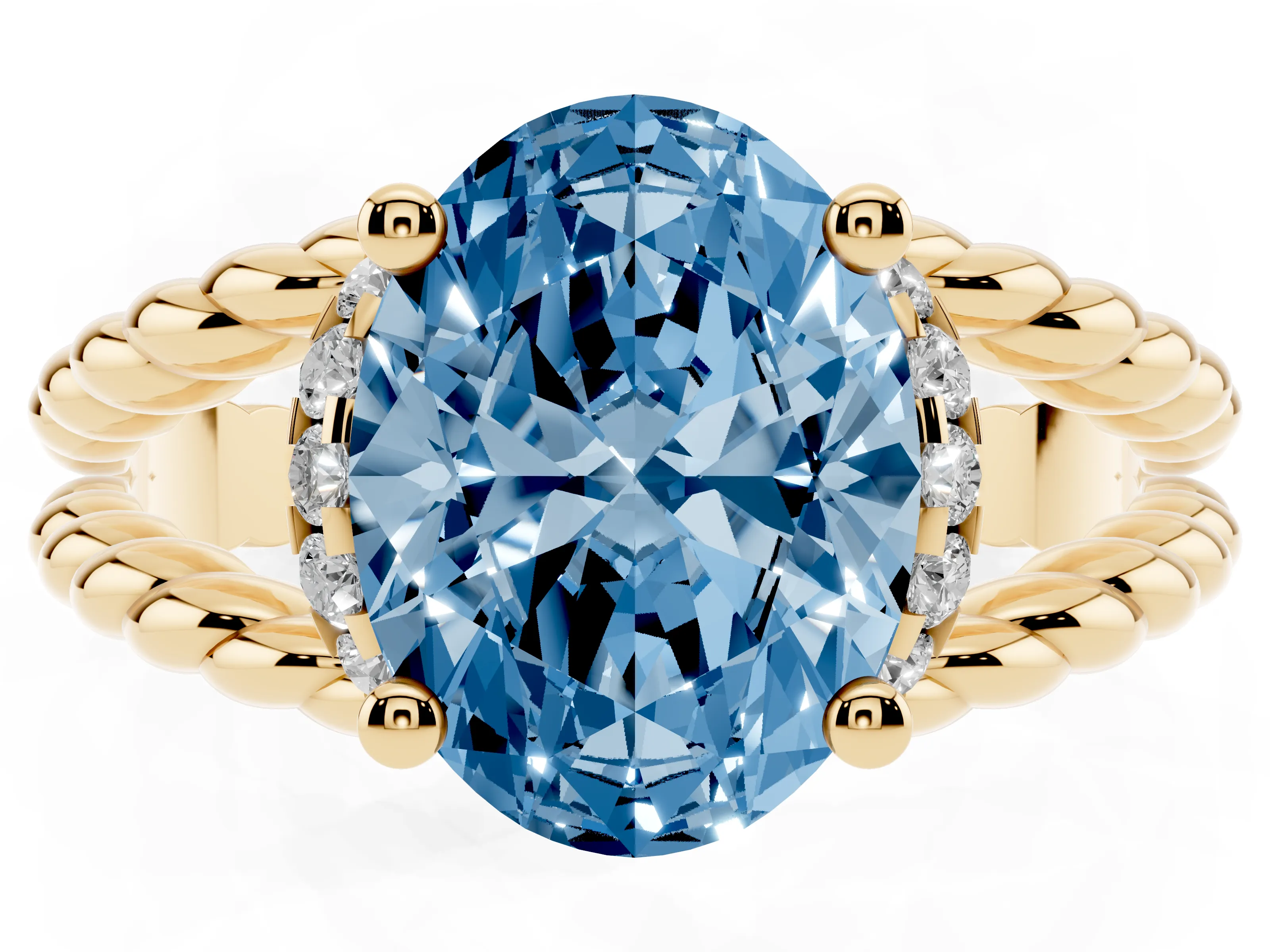 Fancy Blue Oval Cut Diamond Halo Ring Set in Yellow gold with Twisted Band and Prong Setting