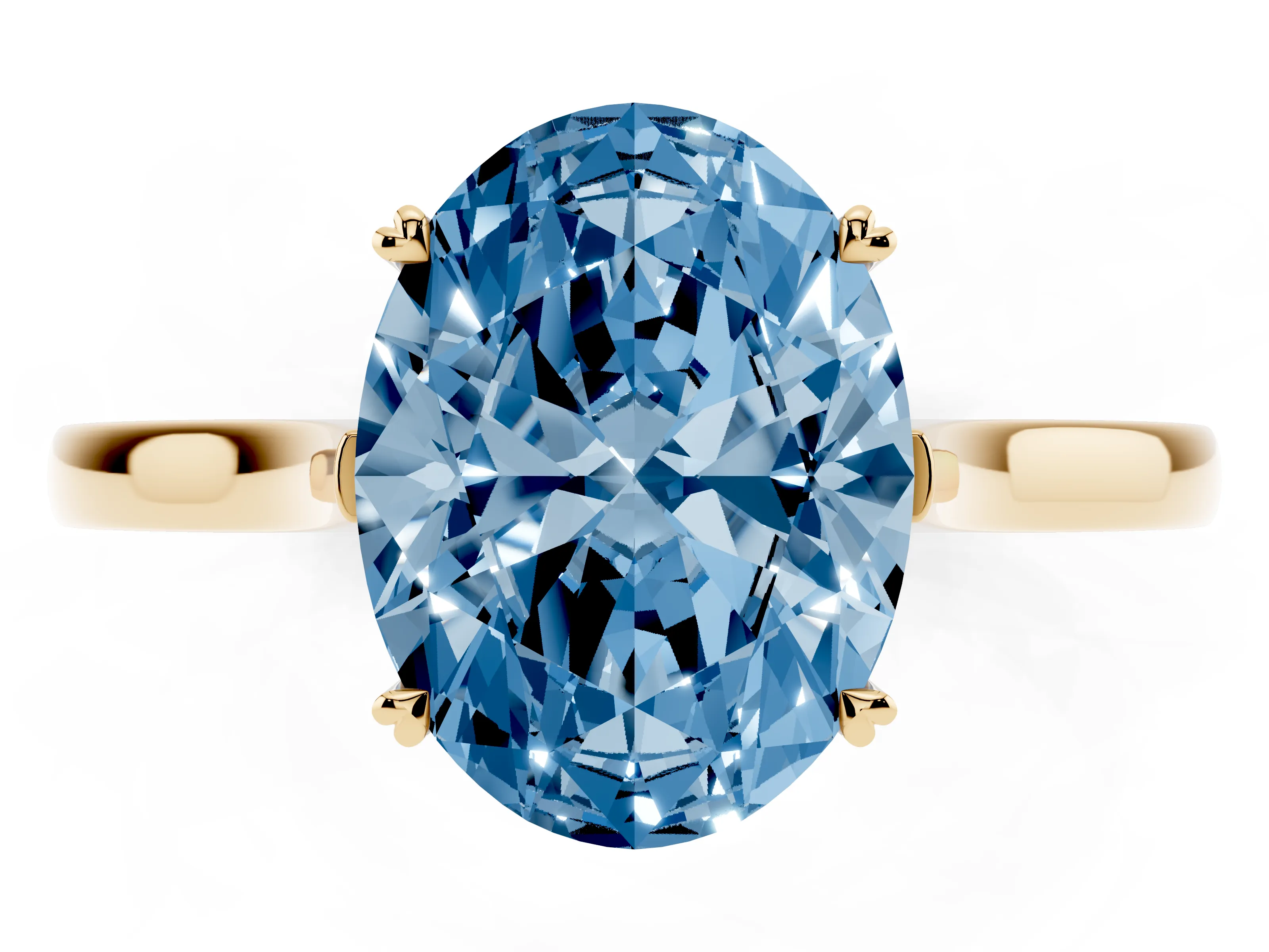 Fancy Blue Oval Cut Diamond Solitaire Heart Prong Engagement Ring Set in Yellow gold with Tapered Band