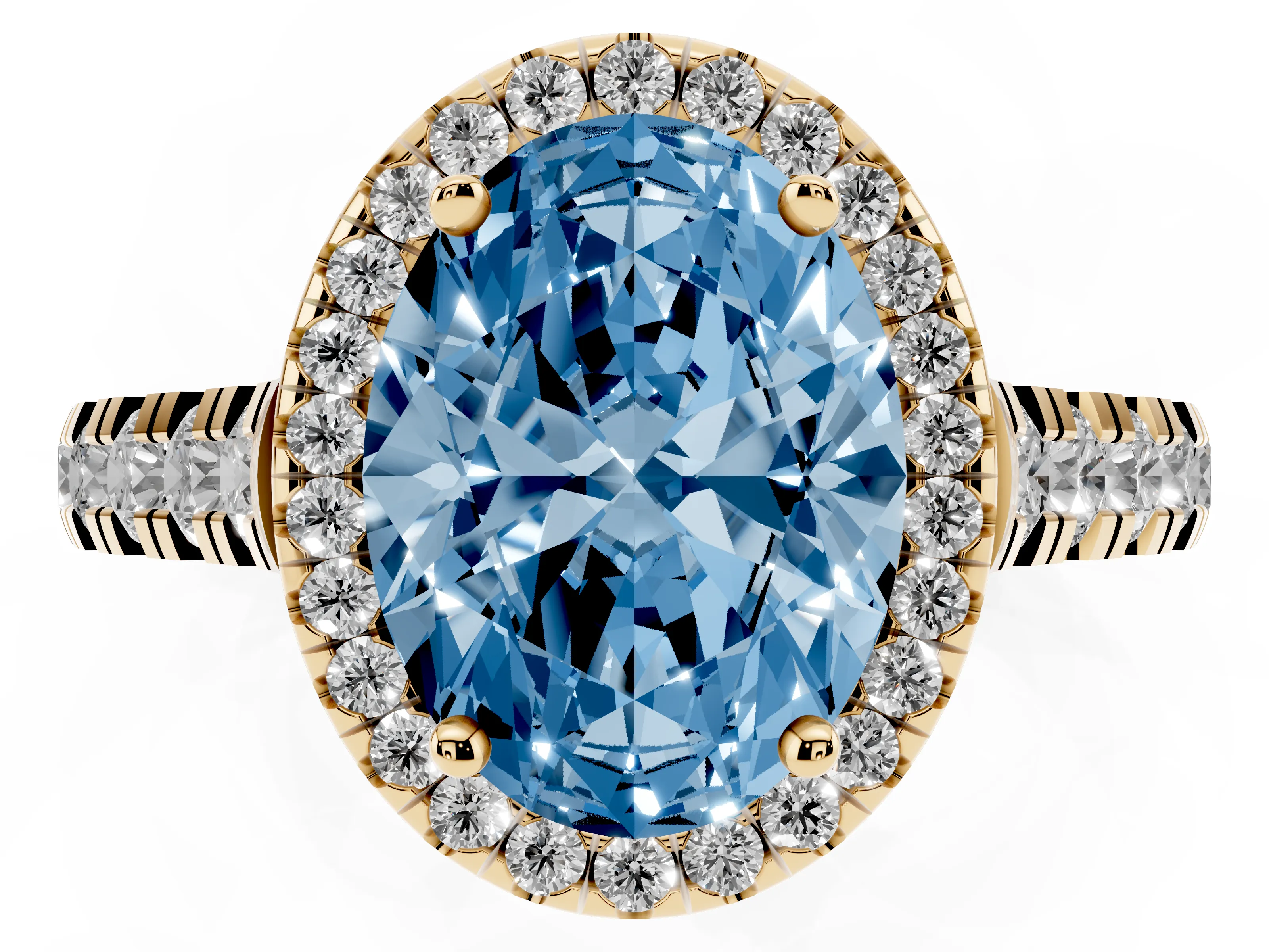 Fancy Blue Oval Cut Diamond Halo Engagement Ring Set in Yellow gold with Pavé Band and Prong-Set Center