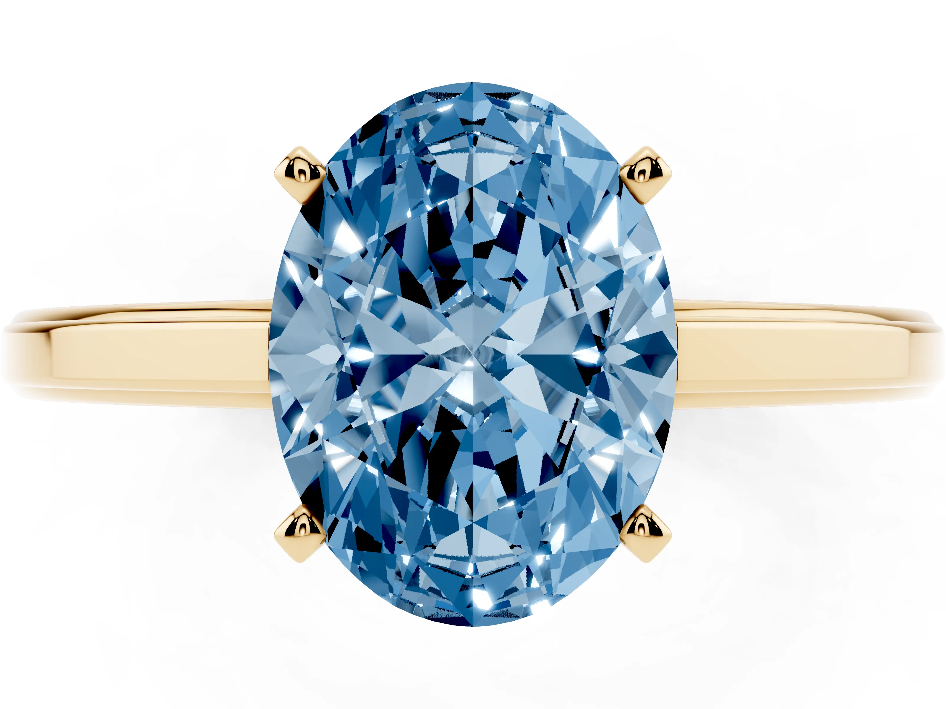 Fancy Blue Oval Cut Diamond Solitaire Ring Set in Yellow gold with Prong Setting and Classic Band