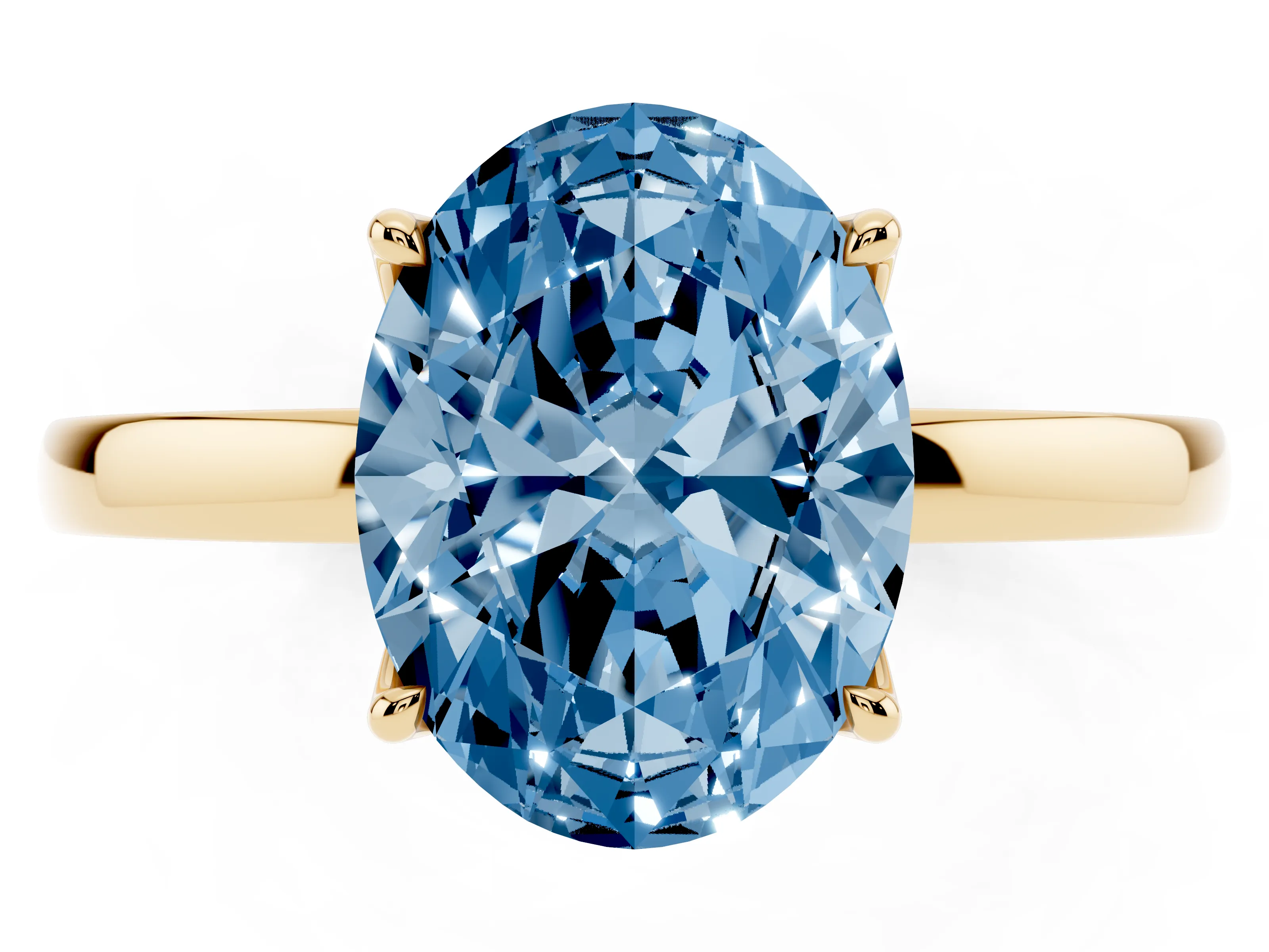 Fancy Blue Oval Cut Diamond Solitaire Ring Set in Yellow gold with Prong Setting and Thin Polished Band