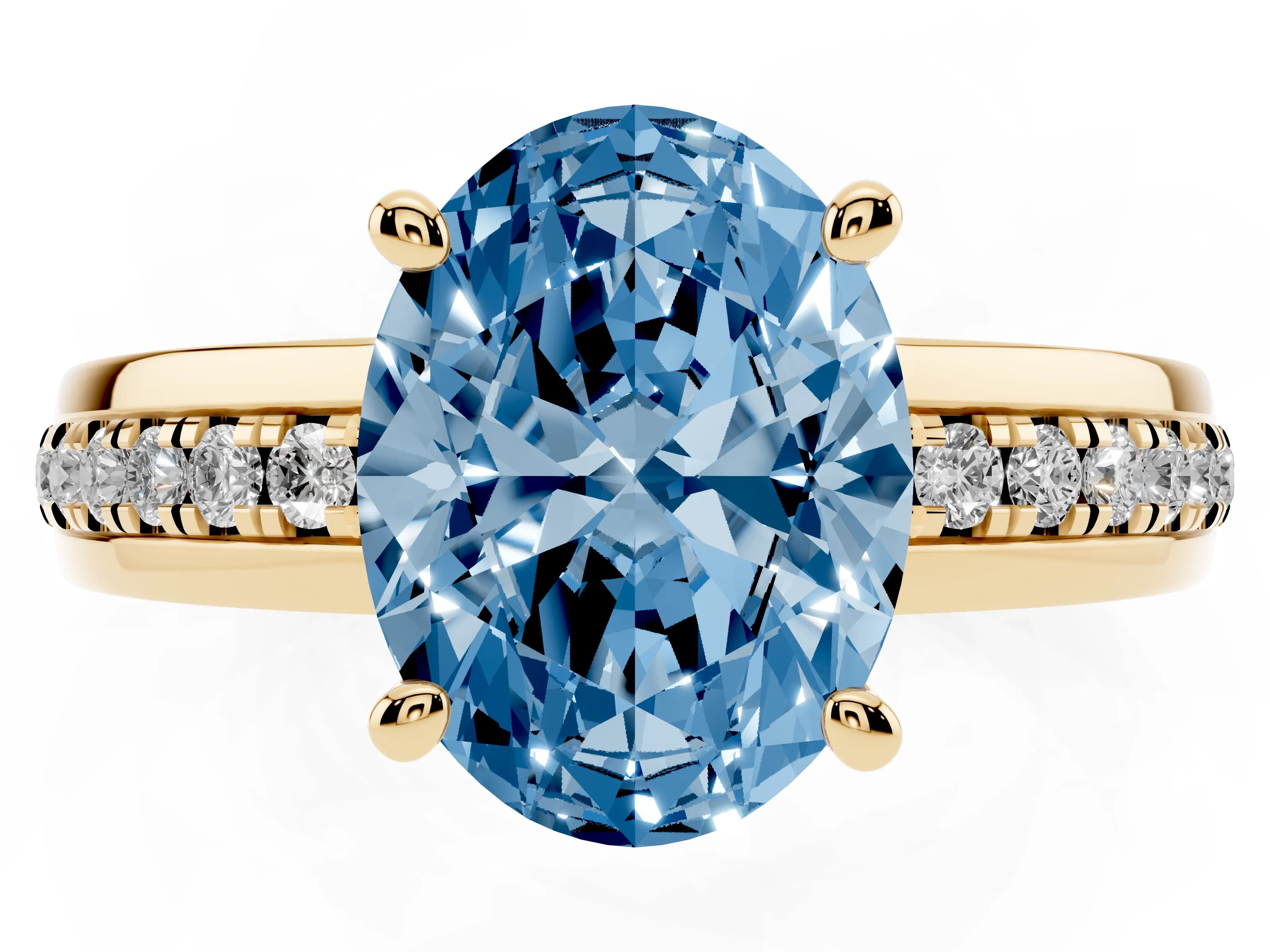 Fancy Blue Oval Cut Diamond Solitaire Ring Set in Yellow gold with Channel Set Band and Prong Setting