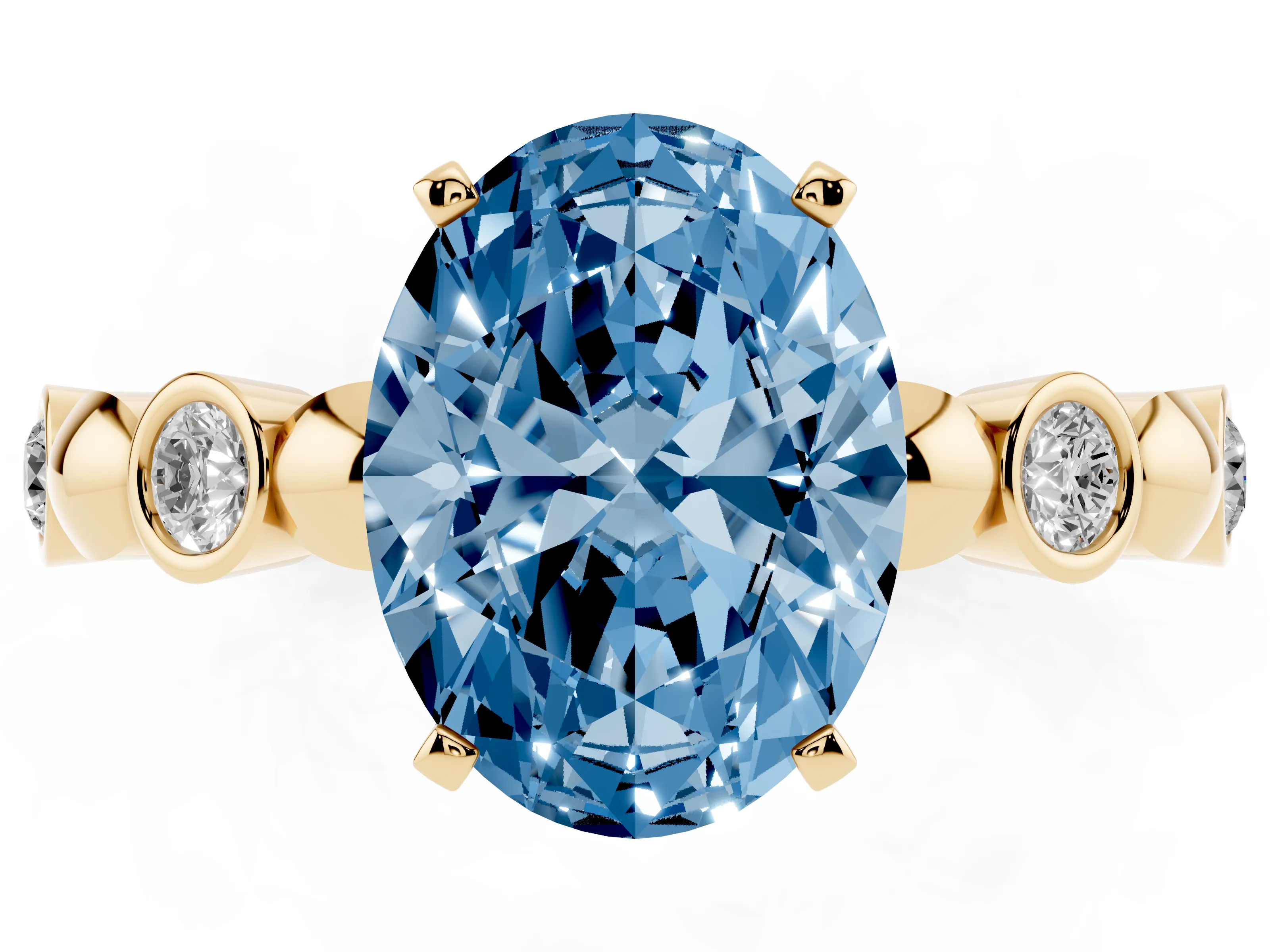 Fancy Blue Oval Cut Diamond Solitaire Ring Set in Yellow gold with Bezel-Set Accents on Beaded Band and Prong Setting