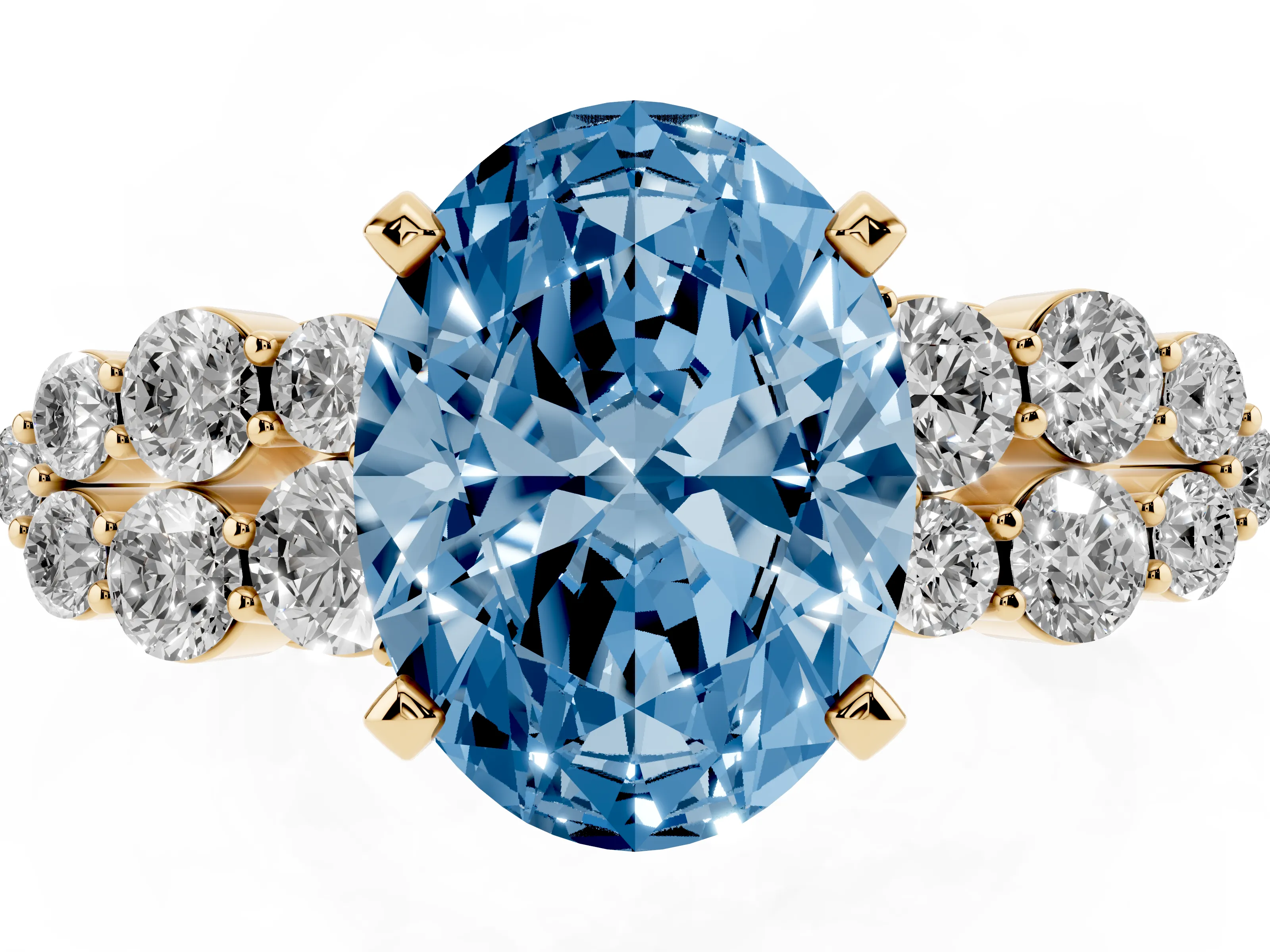 Fancy Blue Oval Cut Diamond Cluster Engagement Ring Set in Yellow gold with Pavé Band and Prong Setting