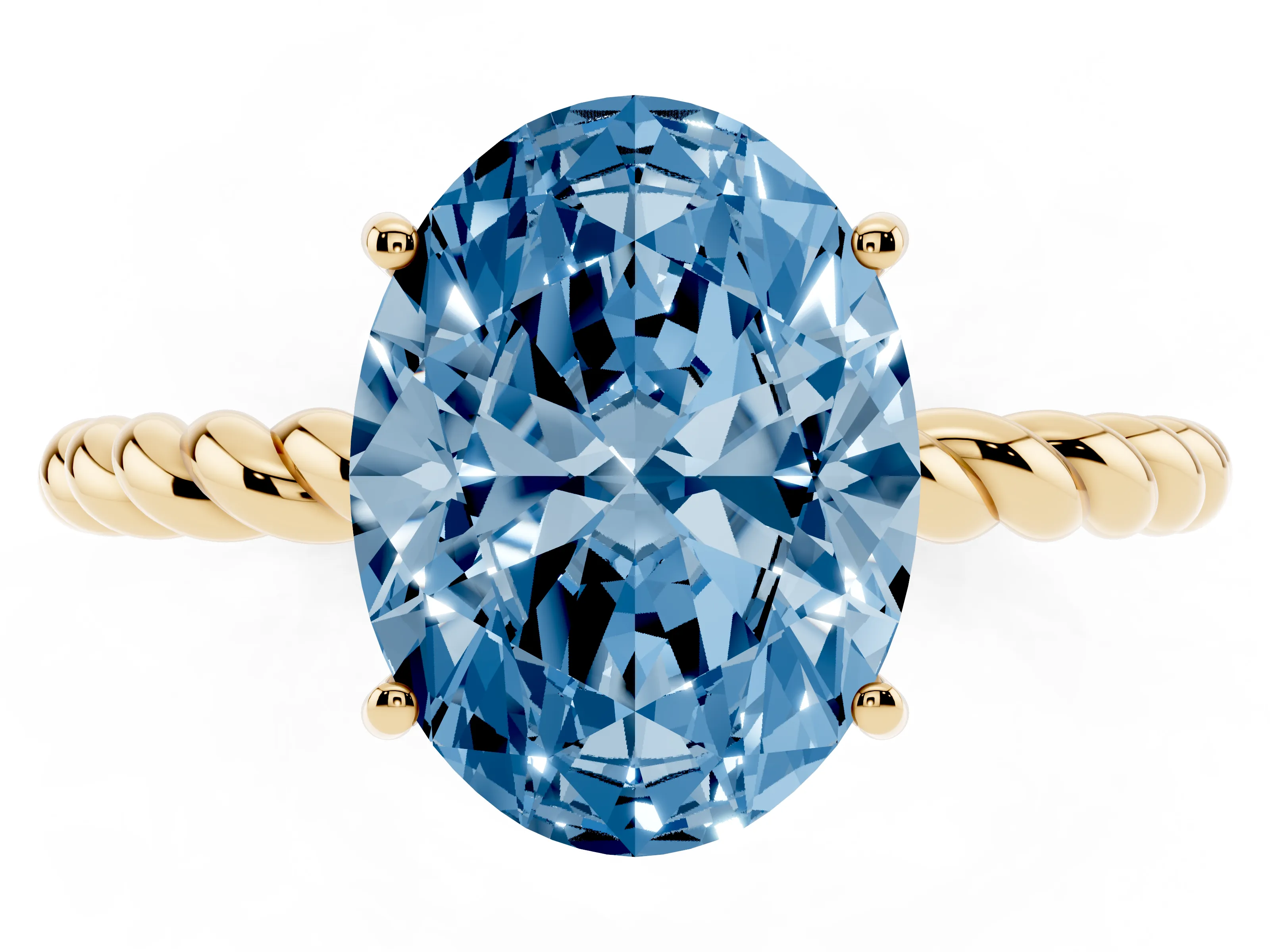 Fancy Blue Oval Cut Diamond Solitaire Ring Set in Yellow gold with Twist Band and Prong Setting