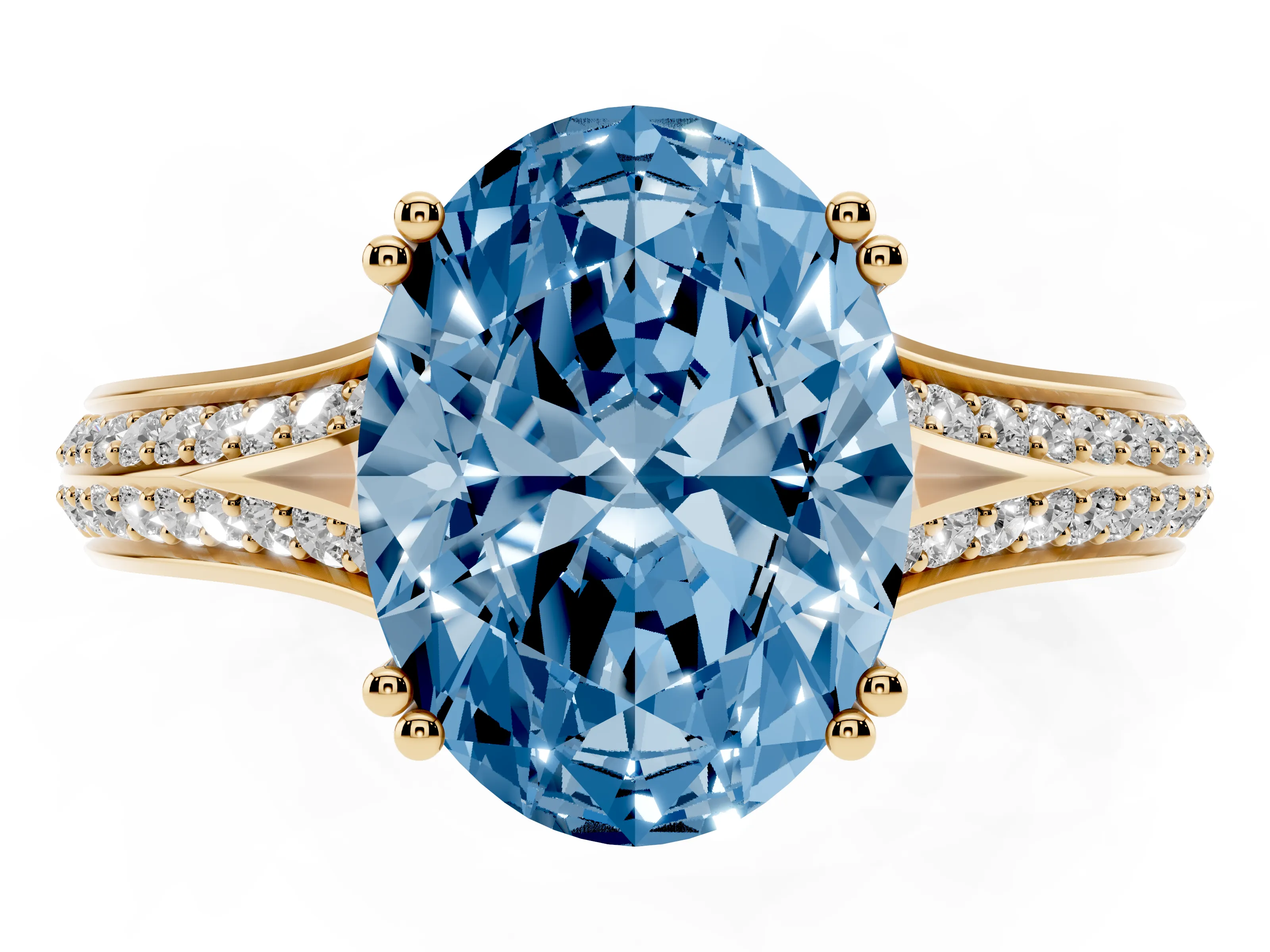Fancy Blue Oval Cut Diamond Split Shank Pavé Engagement Ring Set in Yellow gold with Prong-Set Center Stone