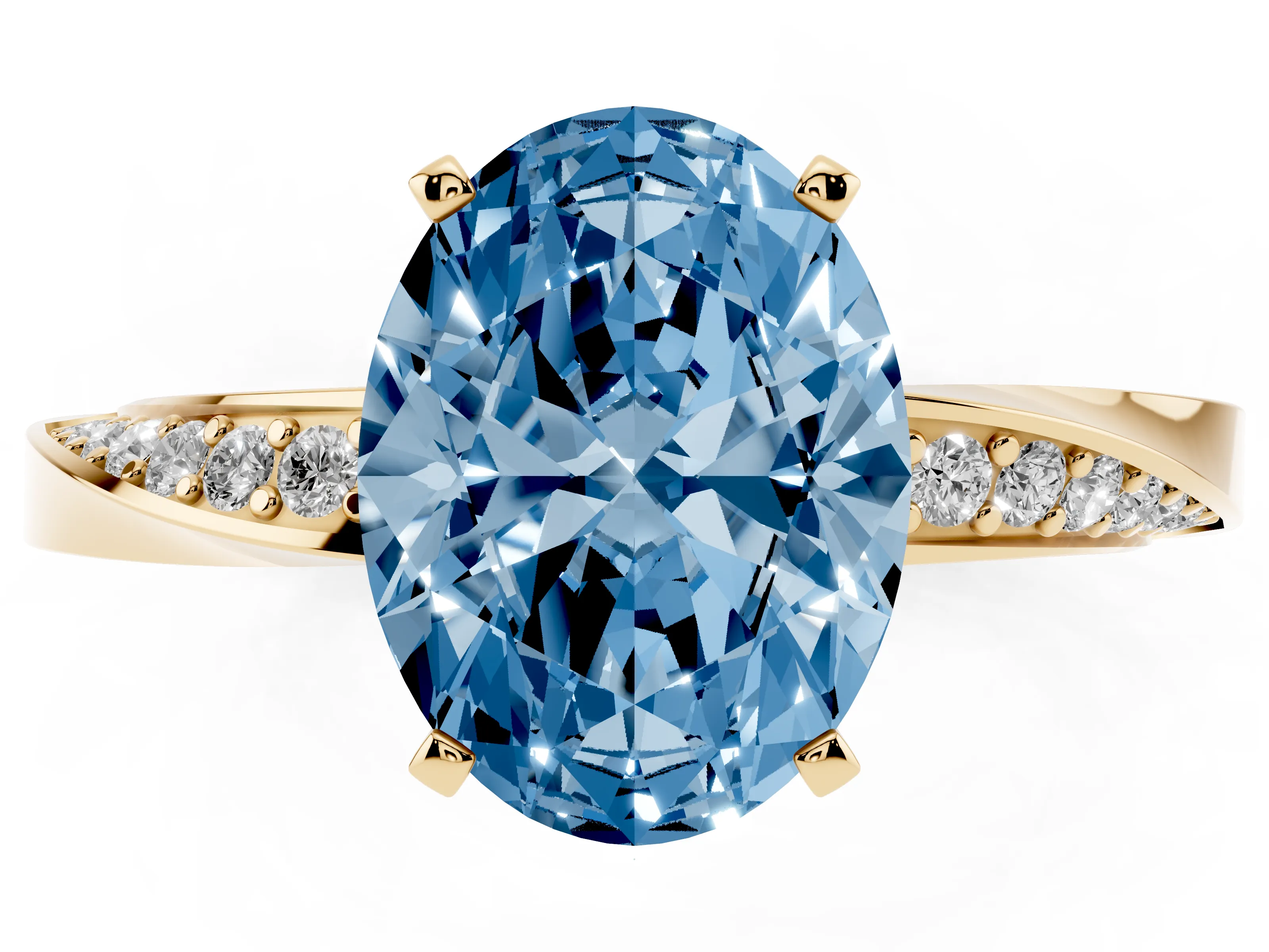 Fancy Blue Oval Cut Diamond Engagement Ring Set in Yellow gold with Side Stone Accents and Prong Setting