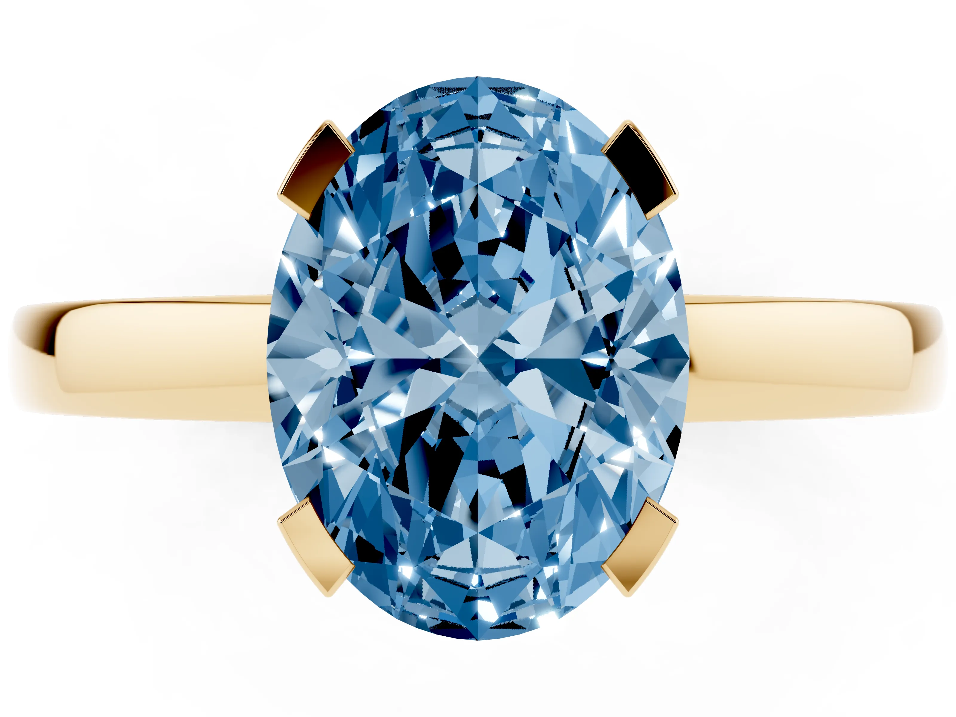 Fancy Blue Oval Cut Diamond Solitaire Ring Set in Yellow gold with Prong Head and Smooth Polished Band
