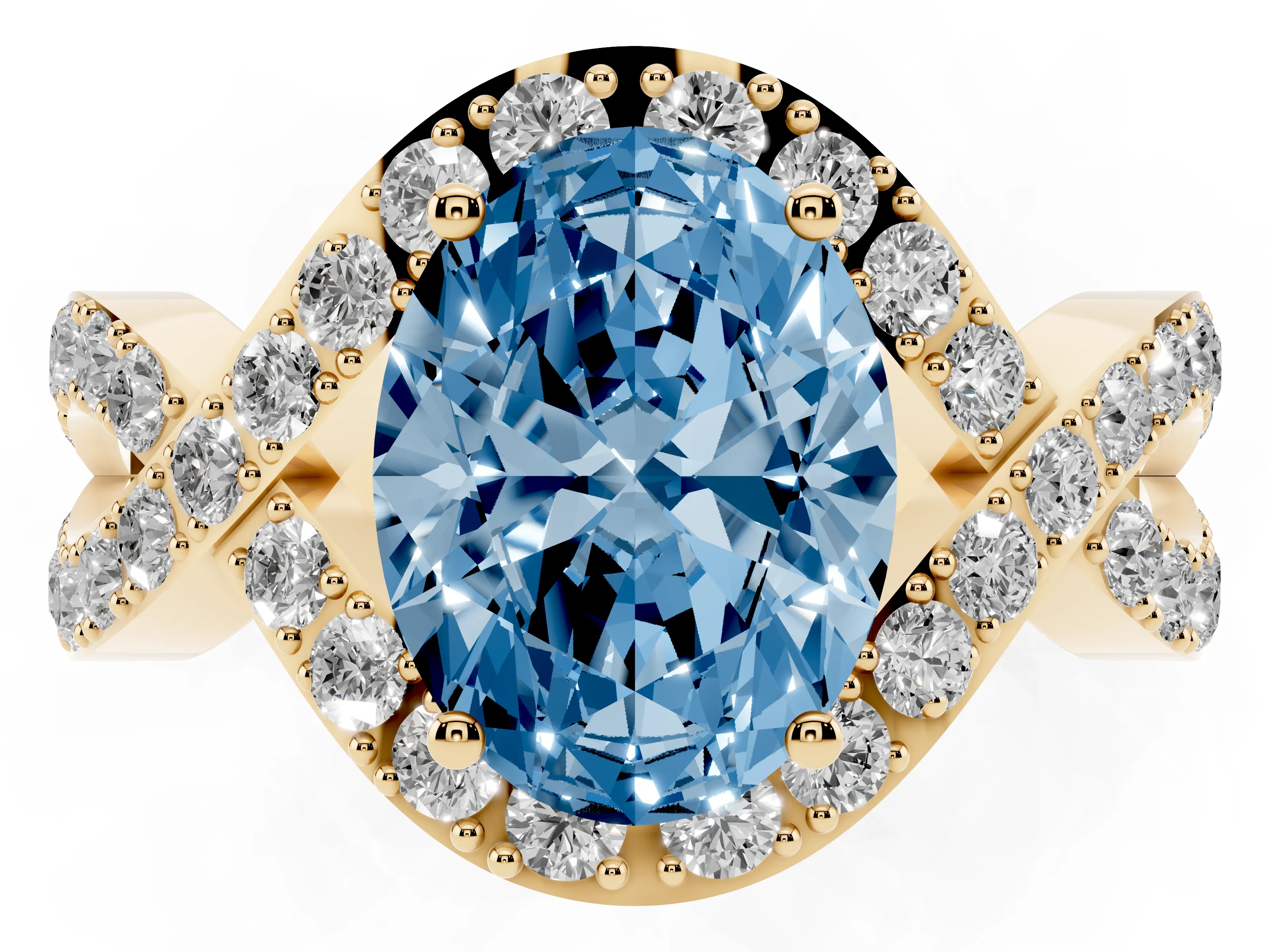 Fancy Blue Oval Cut Diamond Solitaire Twist Band Pavé Engagement Ring Set in Yellow gold