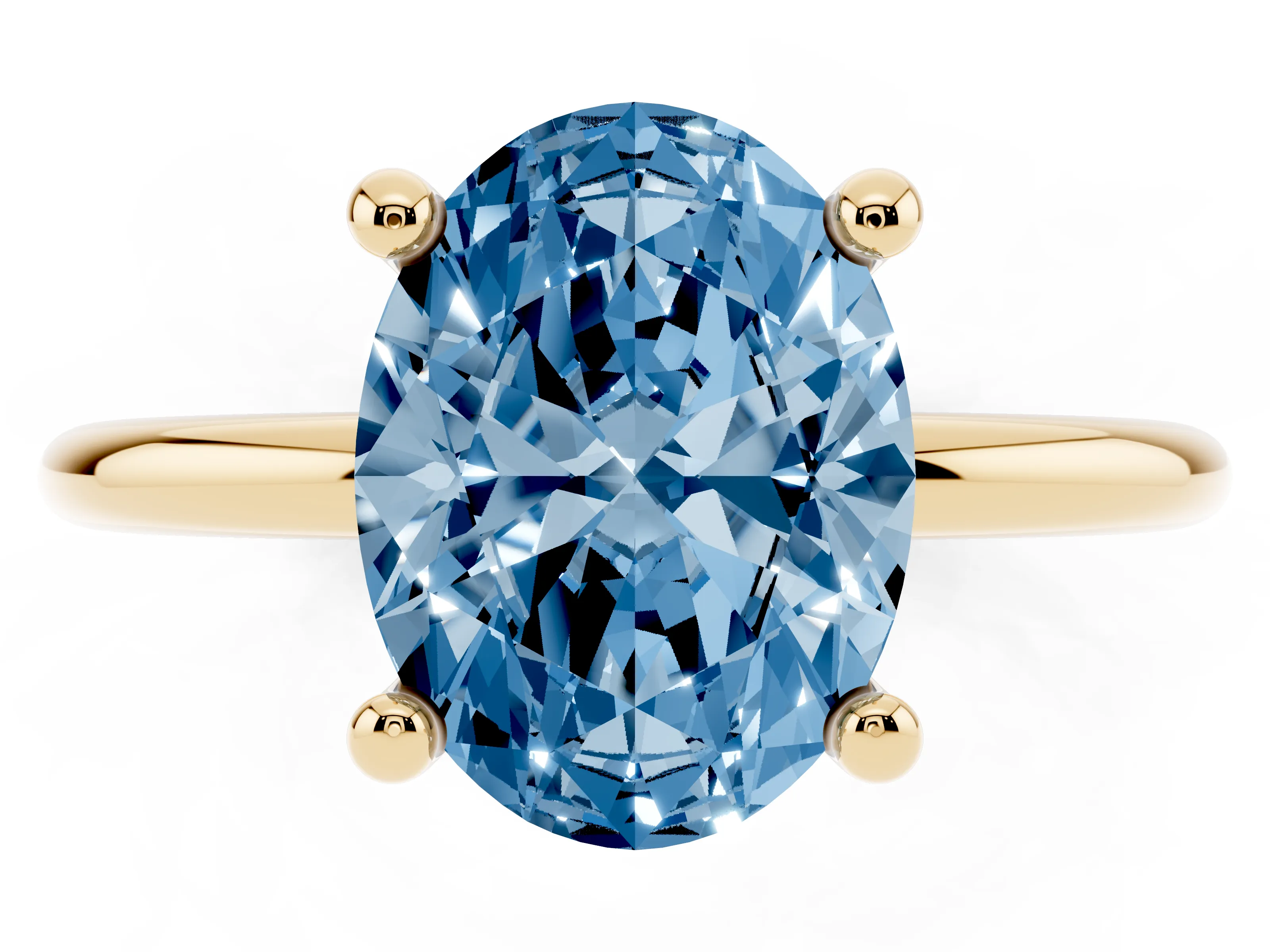 Fancy Blue Oval Cut Diamond Solitaire Ring Set in Yellow gold with Secure Prong Setting on a Classic Band