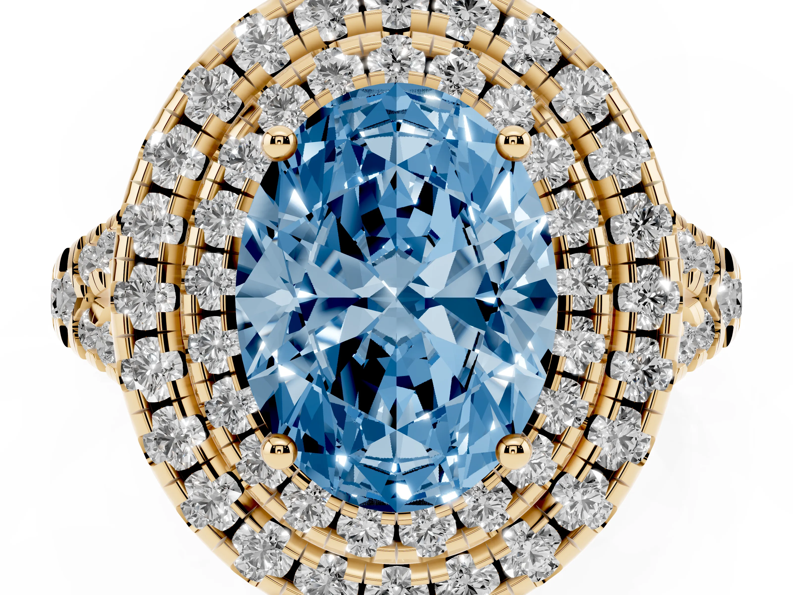 Fancy Blue Oval Cut Diamond Double Halo Ring Set in Yellow gold with Pavé Split Shank and Prong Setting