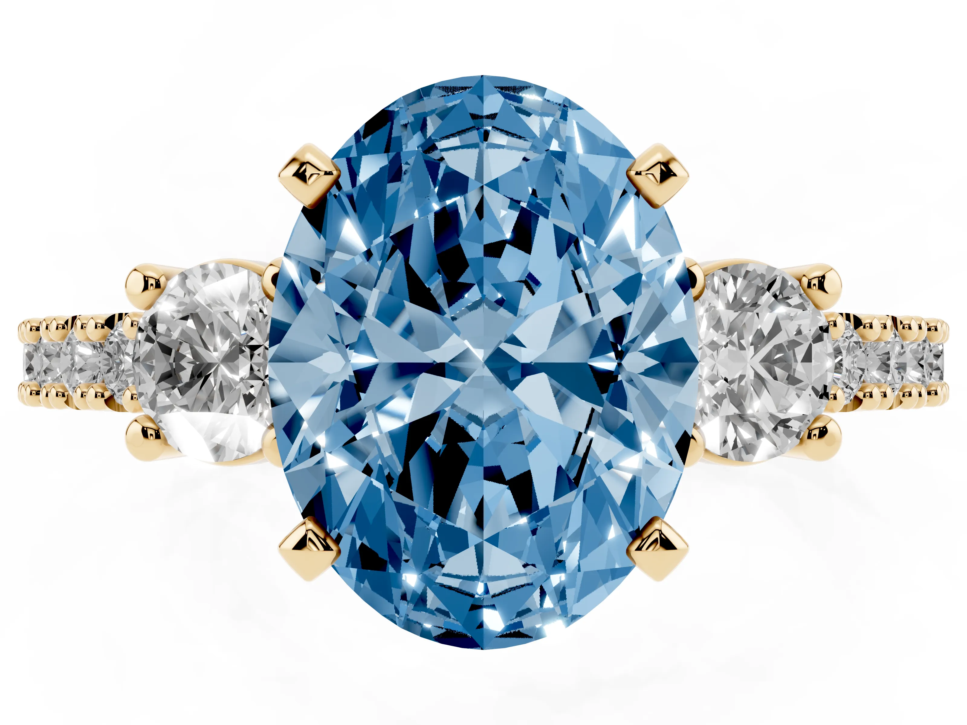 Fancy Blue Three-Stone Oval Cut Diamond Pavé Band Ring Set in Yellow gold with Prong Setting