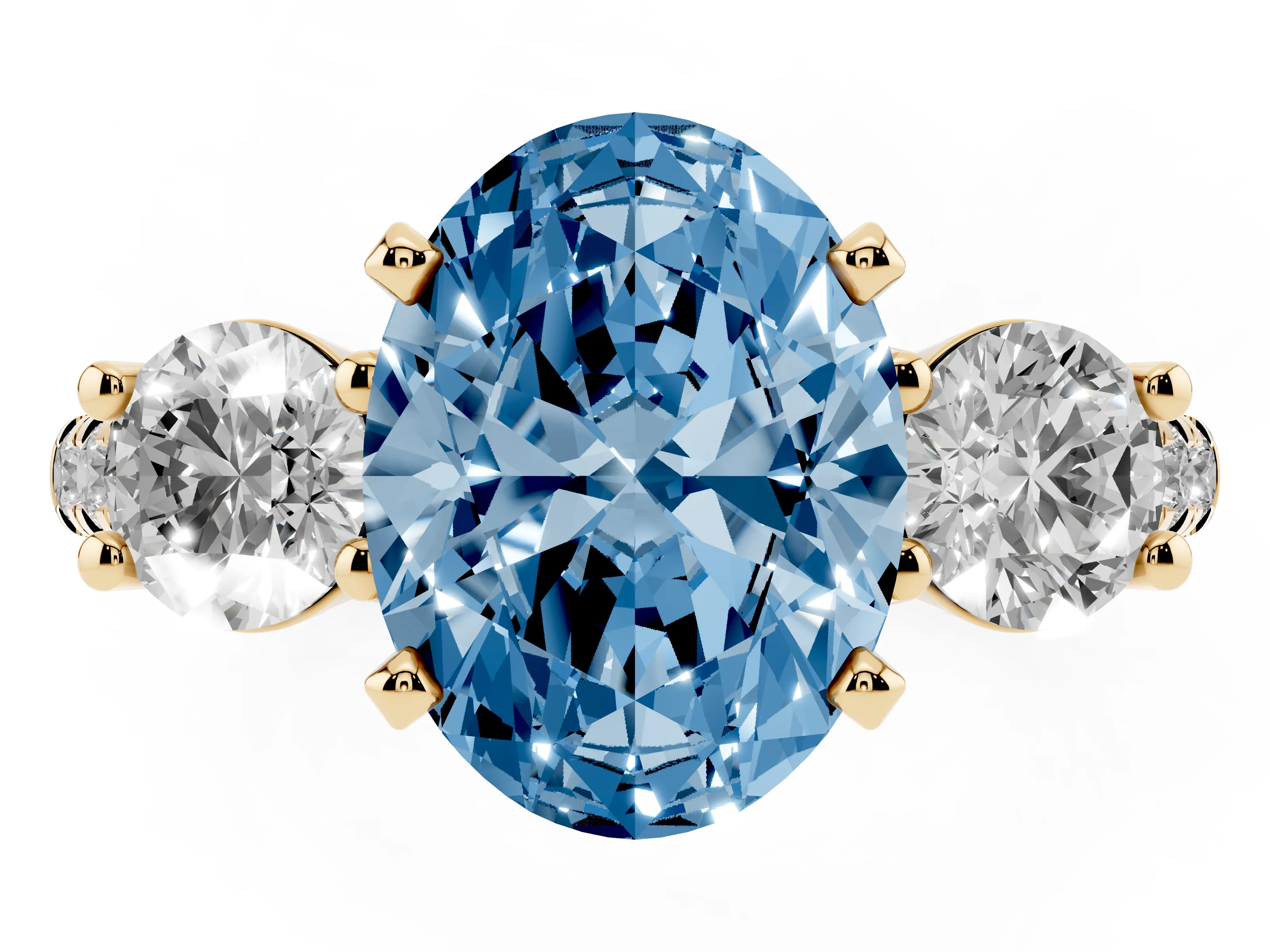 Fancy Blue Three-Stone Oval Cut Diamond Pavé Band Ring Set in Yellow gold with Prong-Set Trio