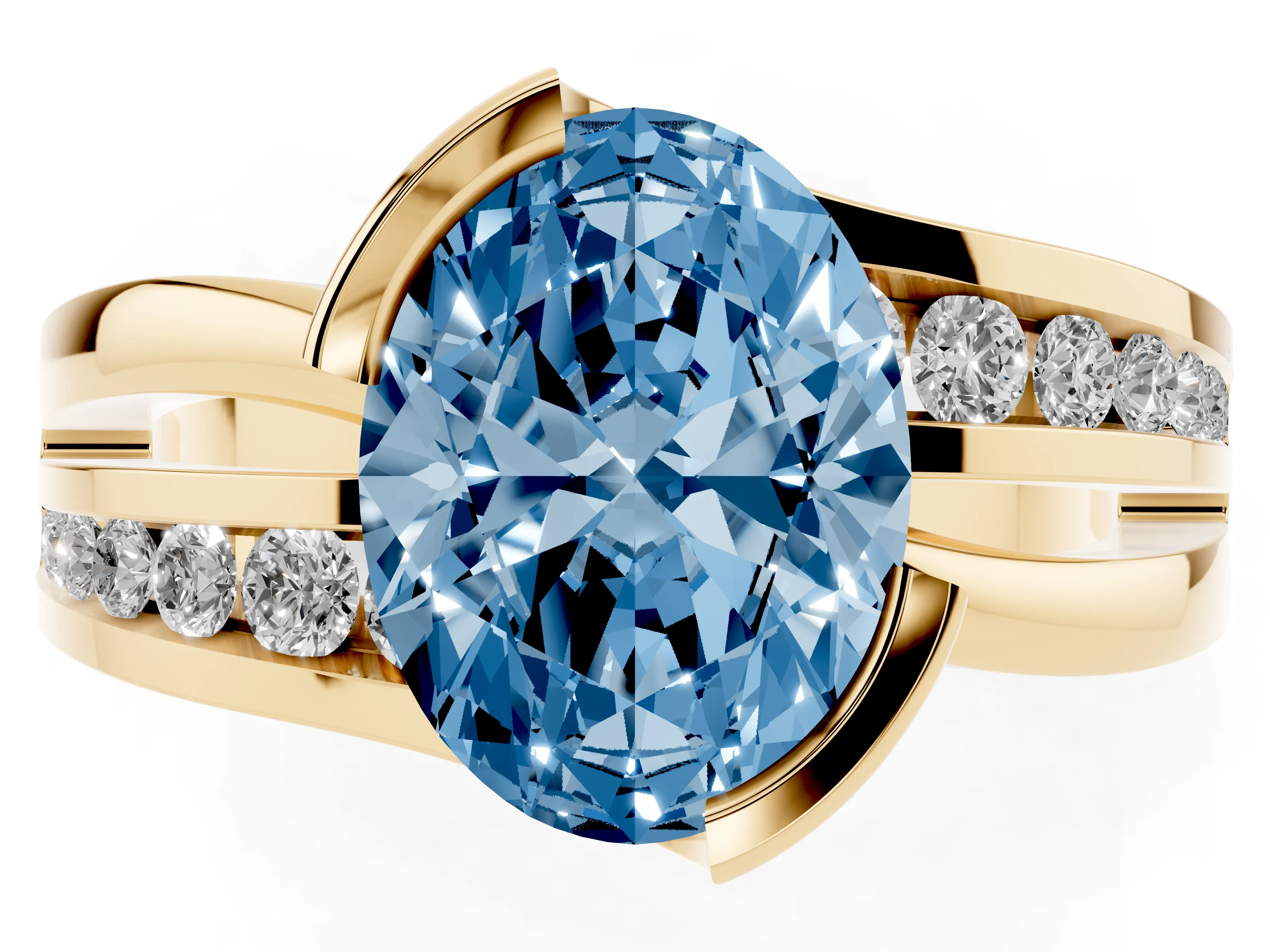 Fancy Blue Oval Cut Diamond Solitaire Ring Set in Yellow gold with Channel Set Split Shank and Tension Prongs