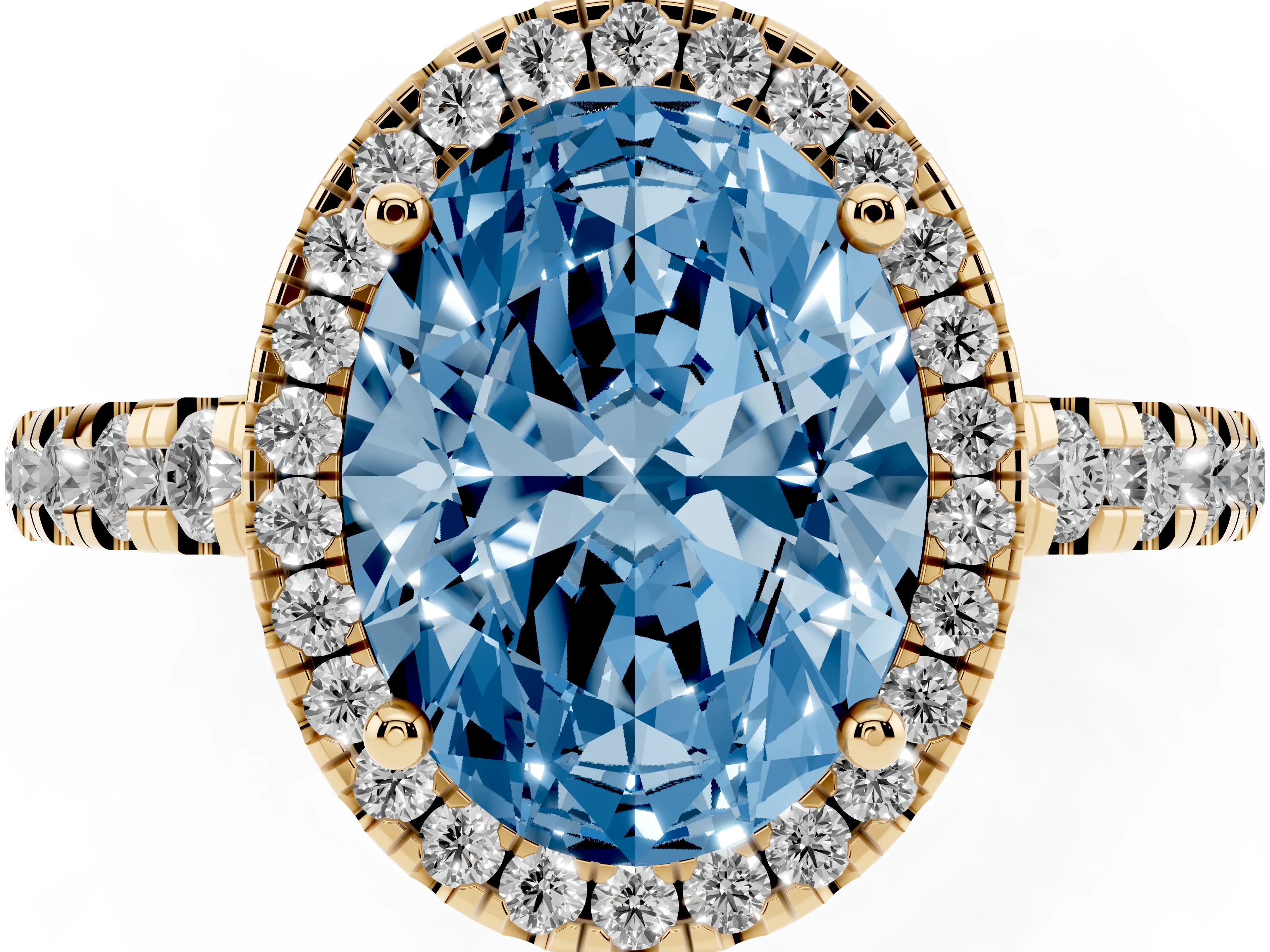 Fancy Blue Oval Cut Diamond Halo Ring Set in Yellow gold with Delicate Pavé Band and Prong Setting