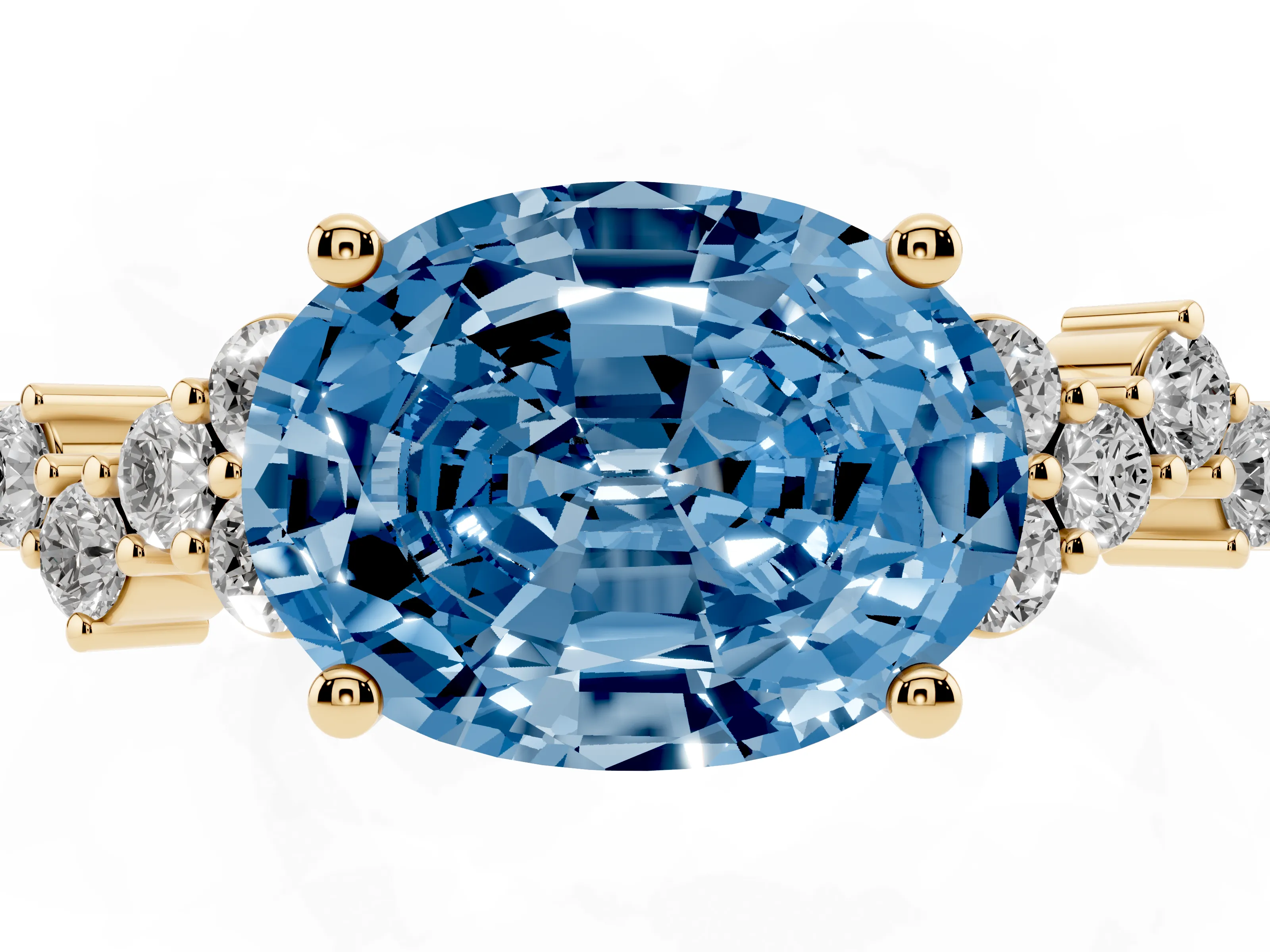 Fancy Blue Oval Cut Diamond Ring Set in Yellow gold with Scattered Round Accents