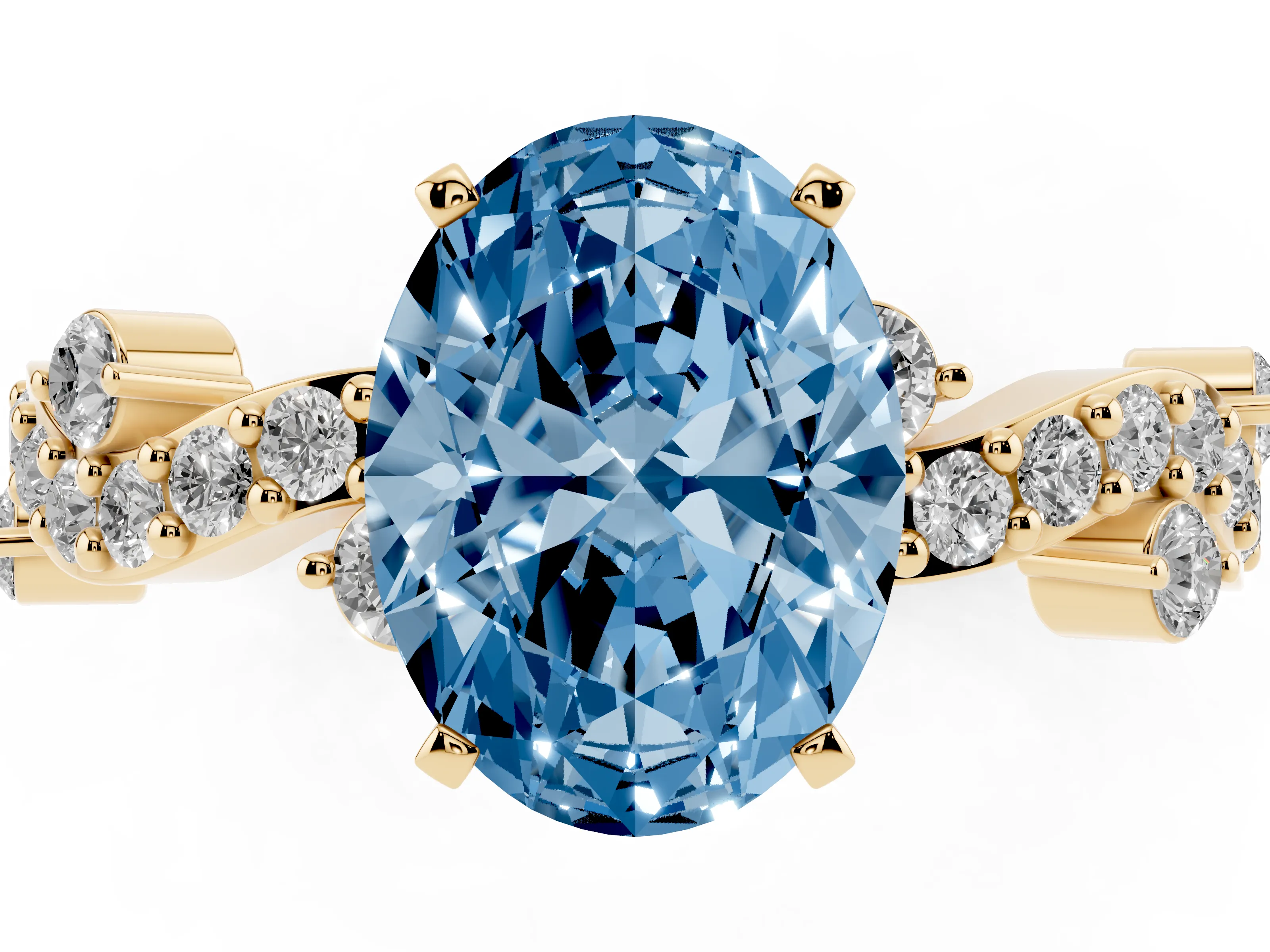 Fancy Blue Oval Cut Diamond Solitaire Twisted Band Set in Yellow gold with Pavé Setting