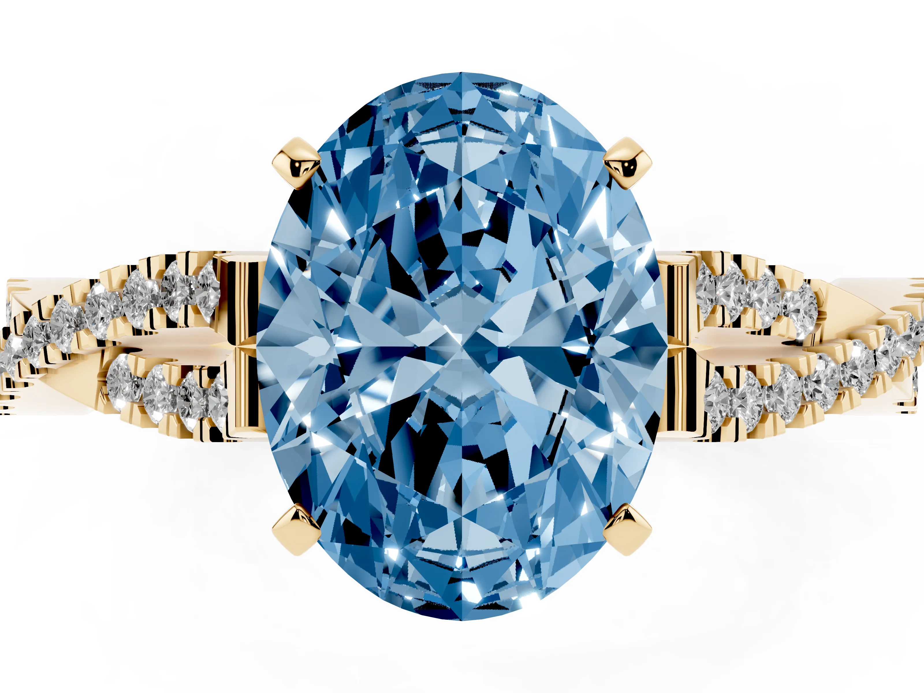 Fancy Blue Oval Cut Diamond Solitaire Engagement Ring Set in Yellow gold with Twisted Pavé Band and Prong Setting