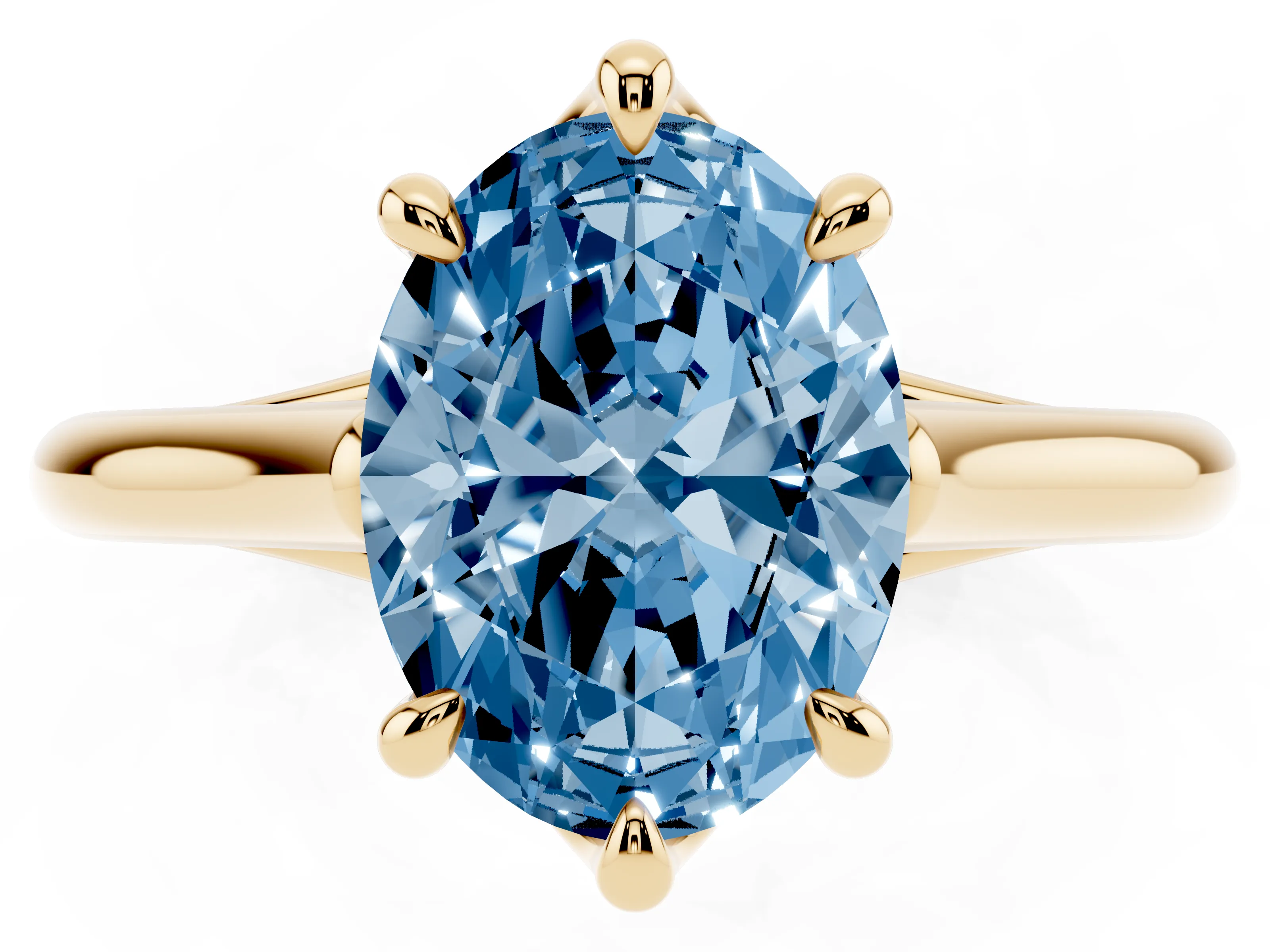 Fancy Blue Oval Cut Diamond Solitaire Engagement Ring Set in Yellow gold with Prong Setting and Plain Classic Band