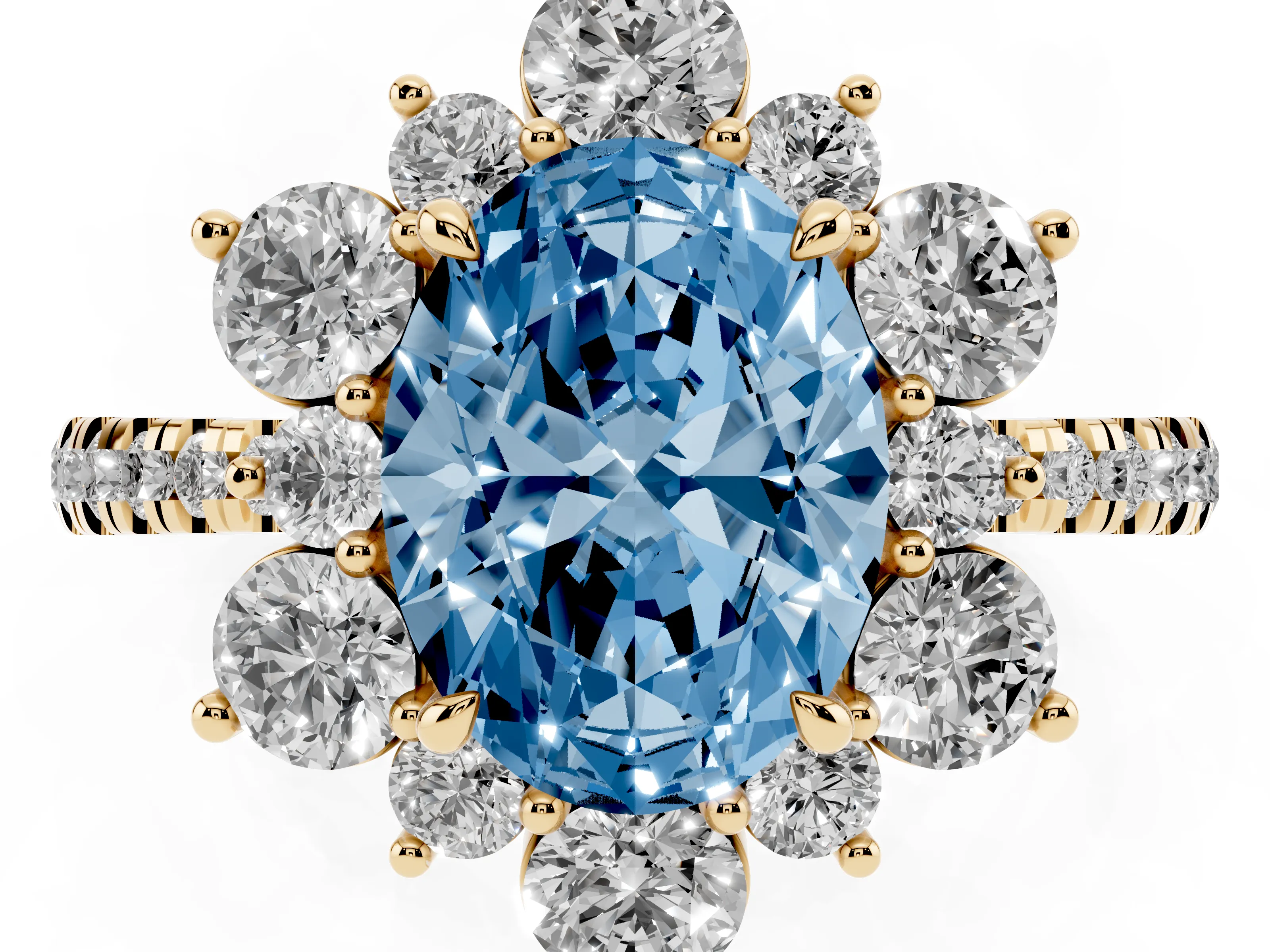 Fancy Blue Oval Cut Diamond Floral Halo Ring Set in Yellow gold with Round Pavé Band and Prong Setting