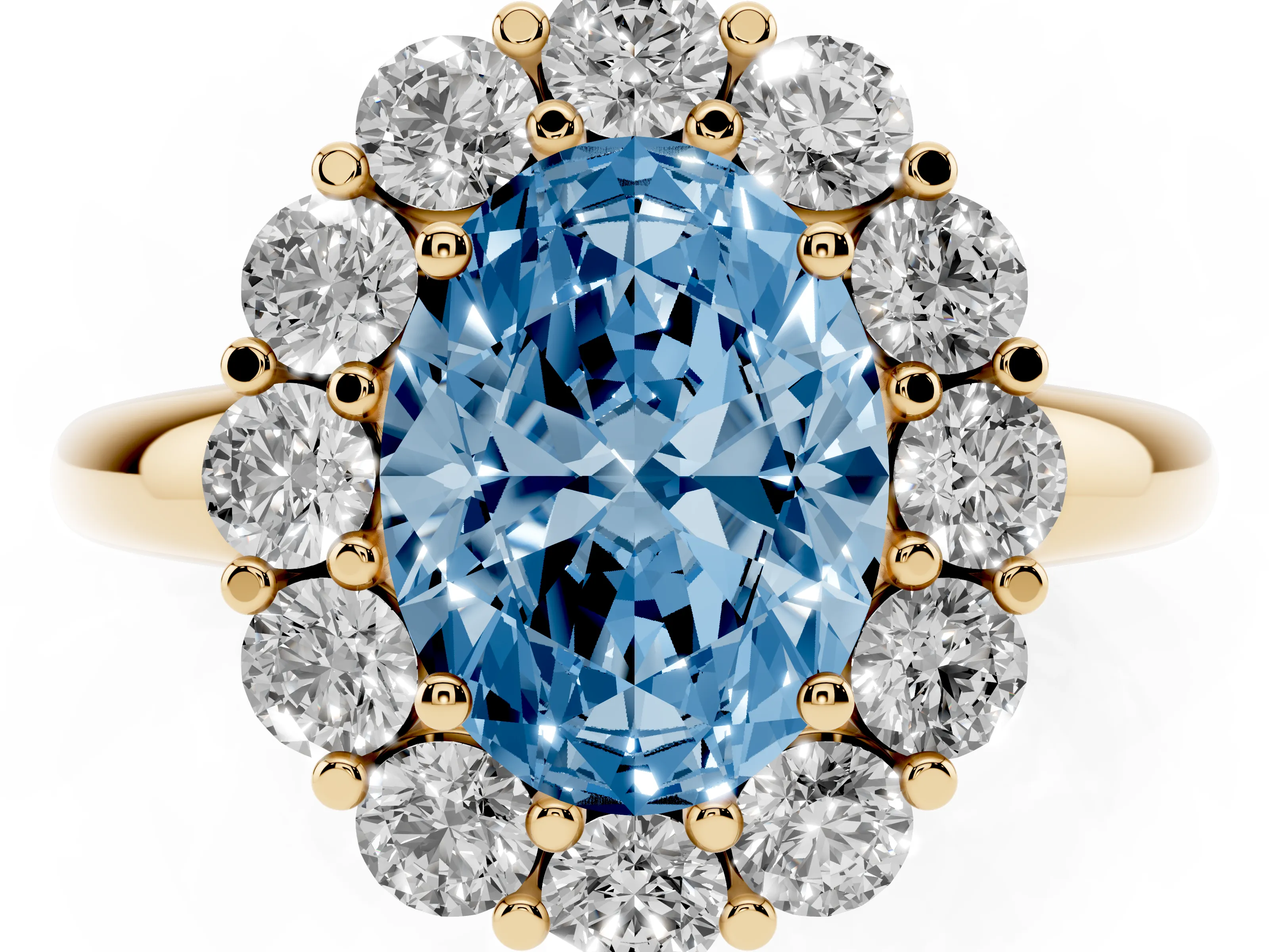Fancy Blue Oval Cut Diamond Halo Cluster Engagement Ring Set in Yellow gold with Polished Band and Prong Setting