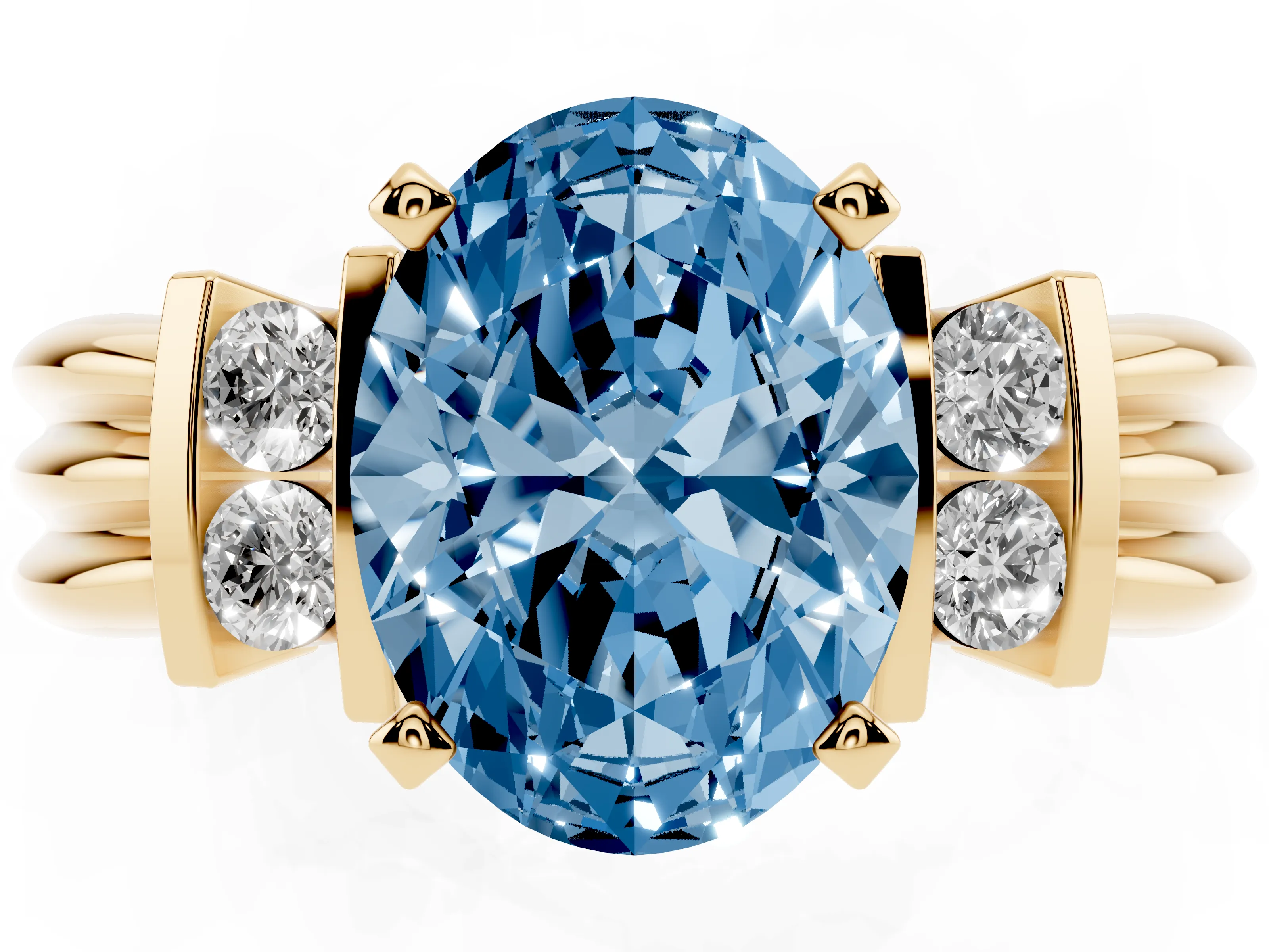 Fancy Blue Three-Stone Oval Cut Diamond Channel Set Ring Set in Yellow gold with Bar Prongs