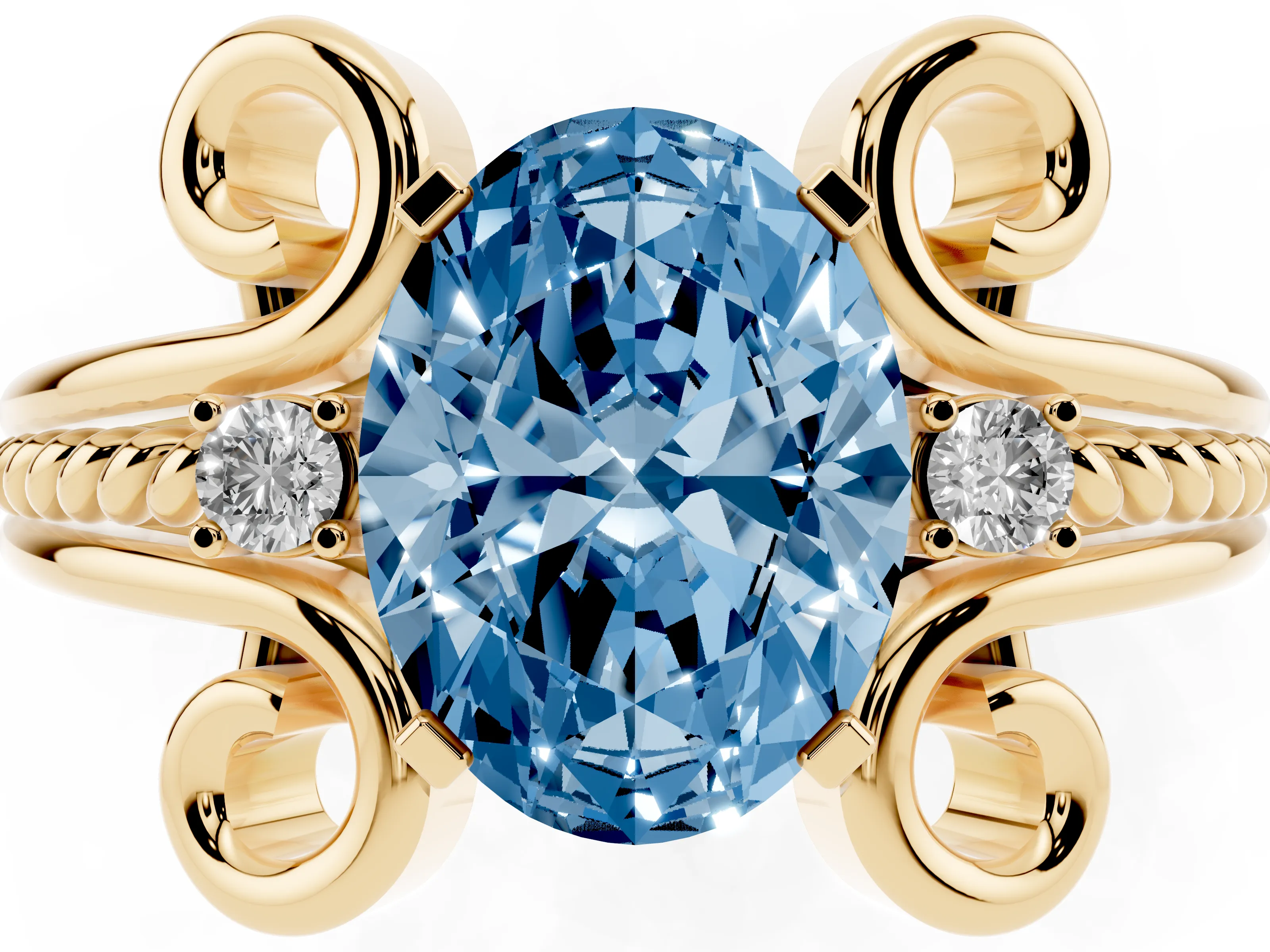 Fancy Blue Oval Cut Diamond Twisted Band Solitaire Ring Set in Yellow gold with Scroll Prongs