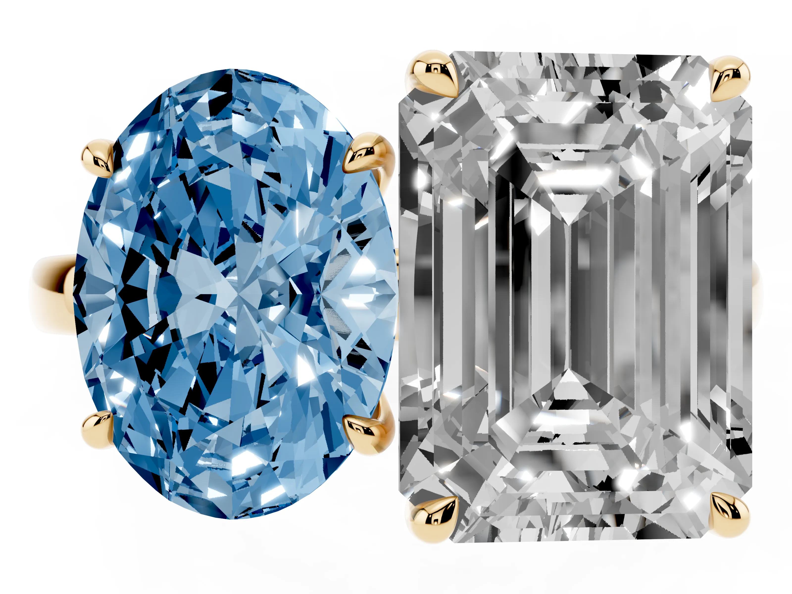 Fancy Blue Oval Cut and Emerald Cut Toi Moi Ring Set in Yellow gold with Prong Setting