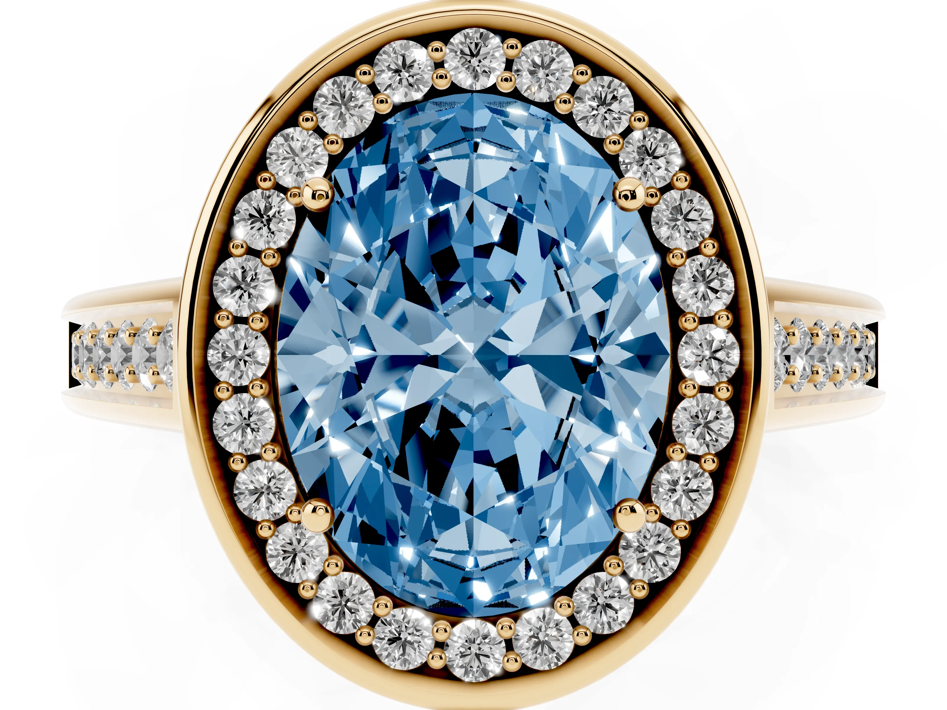 Fancy Blue Oval Cut Diamond Halo Solitaire Ring Set in Yellow gold with Pavé Band and Bezel Setting
