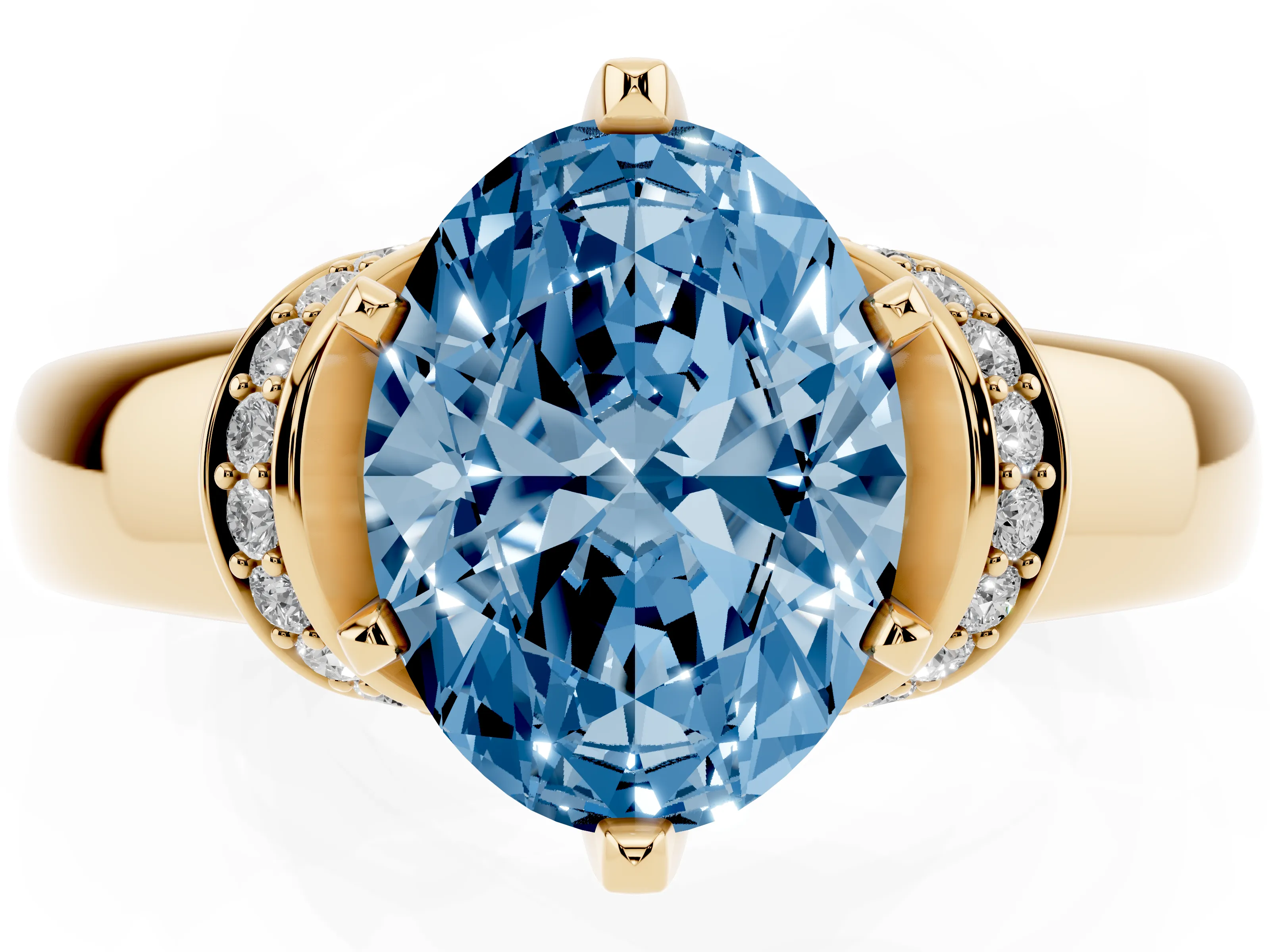 Fancy Blue Oval Cut Diamond Pavé Band Solitaire Ring Set in Yellow gold with Prong Setting