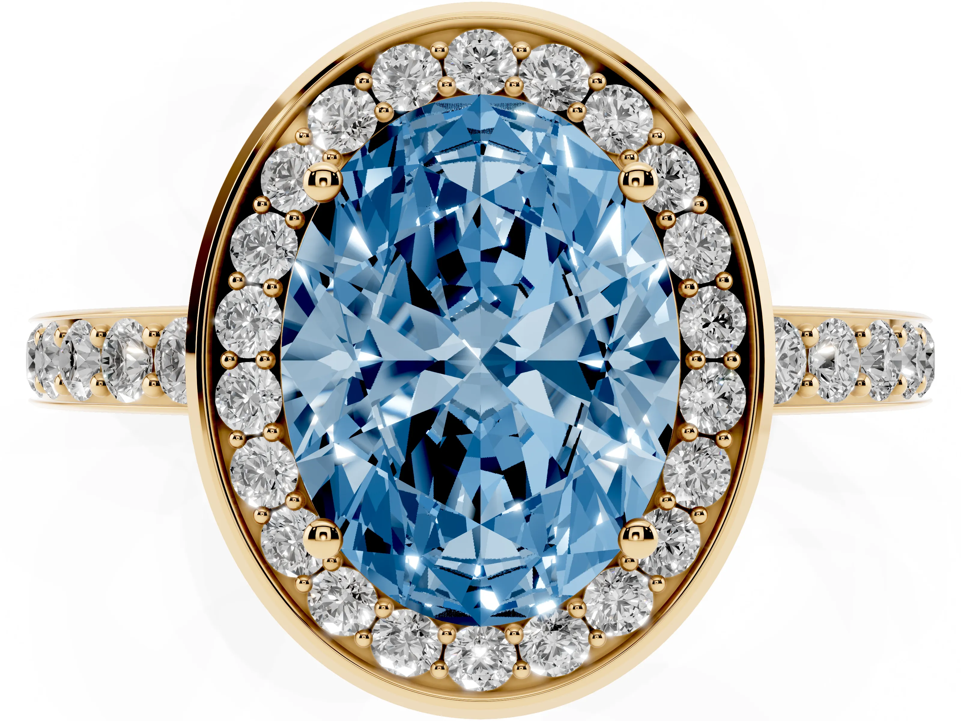 Fancy Blue Oval Cut Diamond Halo Ring Set in Yellow gold with Bezel Frame and Pavé Band