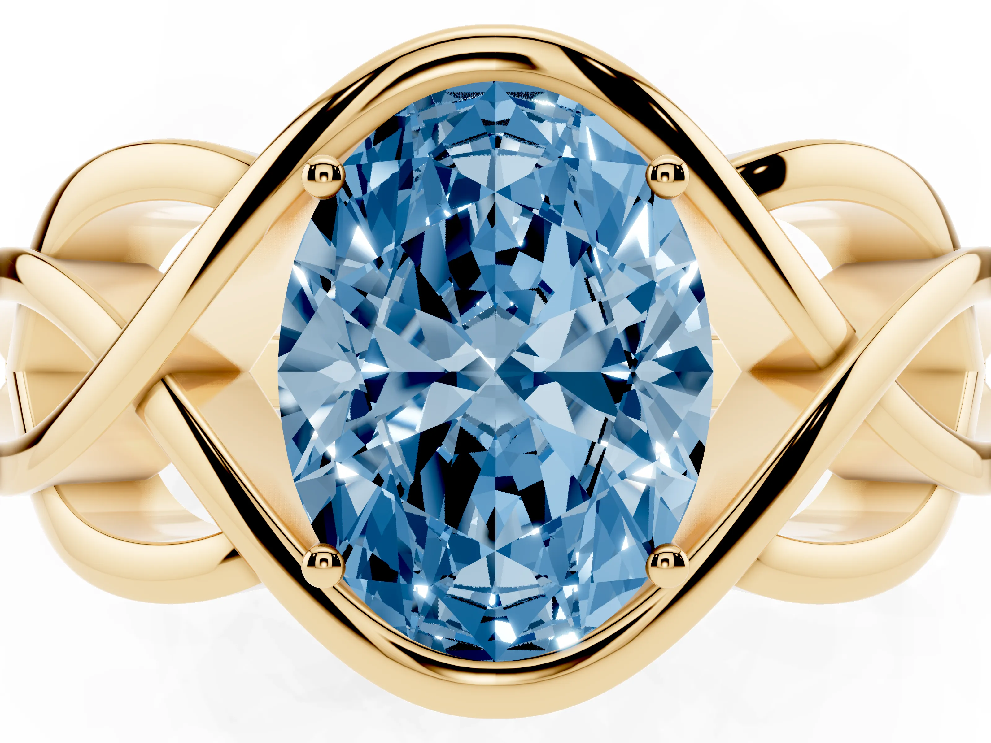 Fancy Blue Oval Cut Diamond Solitaire Ring Set in Yellow gold with Intertwined Band