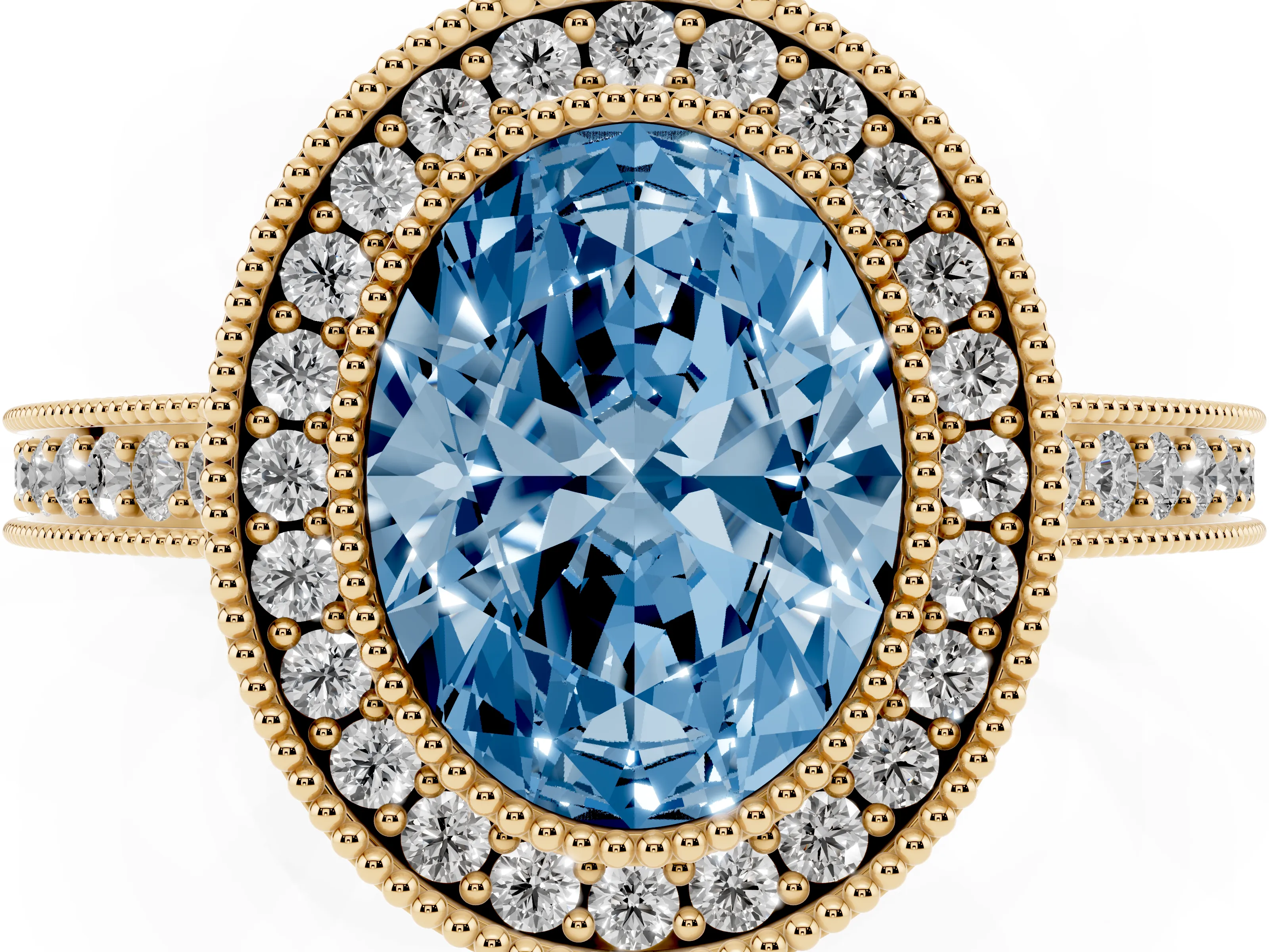 Fancy Blue Oval Cut Diamond Round Halo Ring Set in Yellow gold with Pavé Band