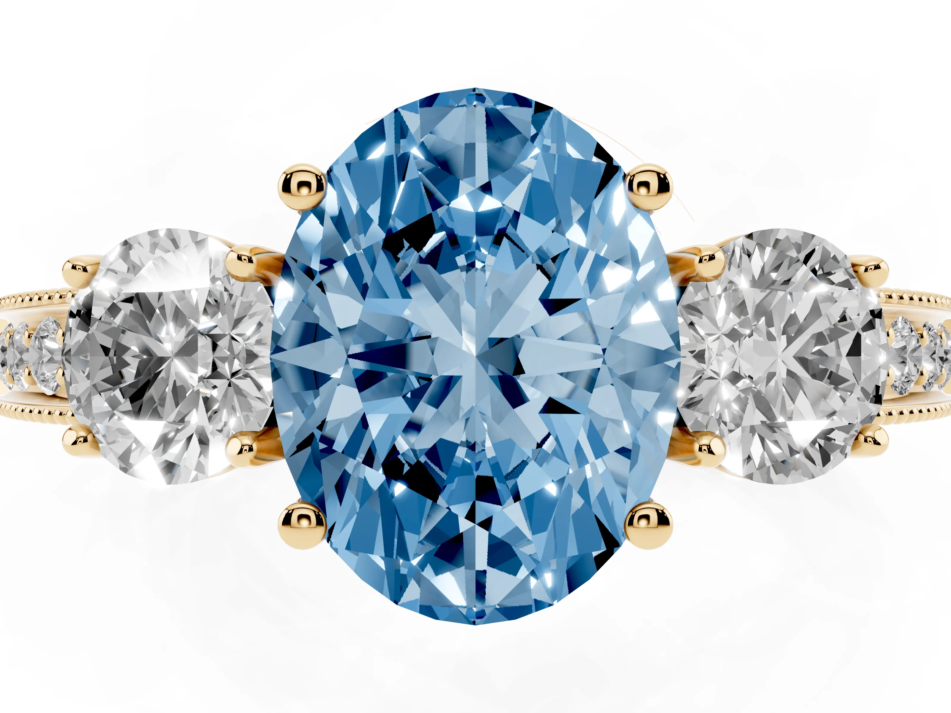 Fancy Blue Oval Cut Diamond Three-Stone Ring Set in Yellow gold with Round Side Stones and Pavé Band