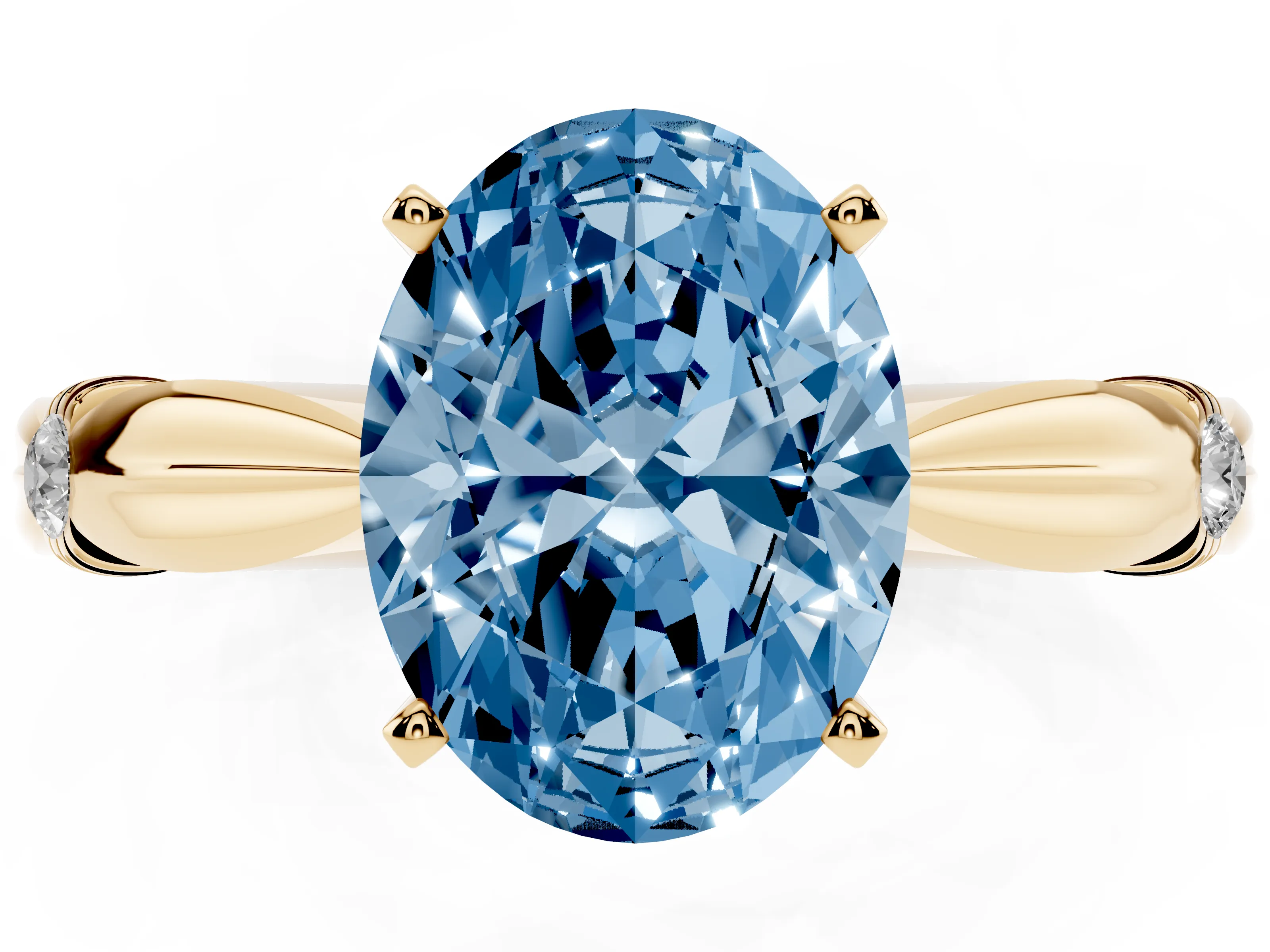 Fancy Blue Oval Cut Diamond Solitaire Twisted Band Ring Set in Yellow gold with Accent Stones and Prong Setting