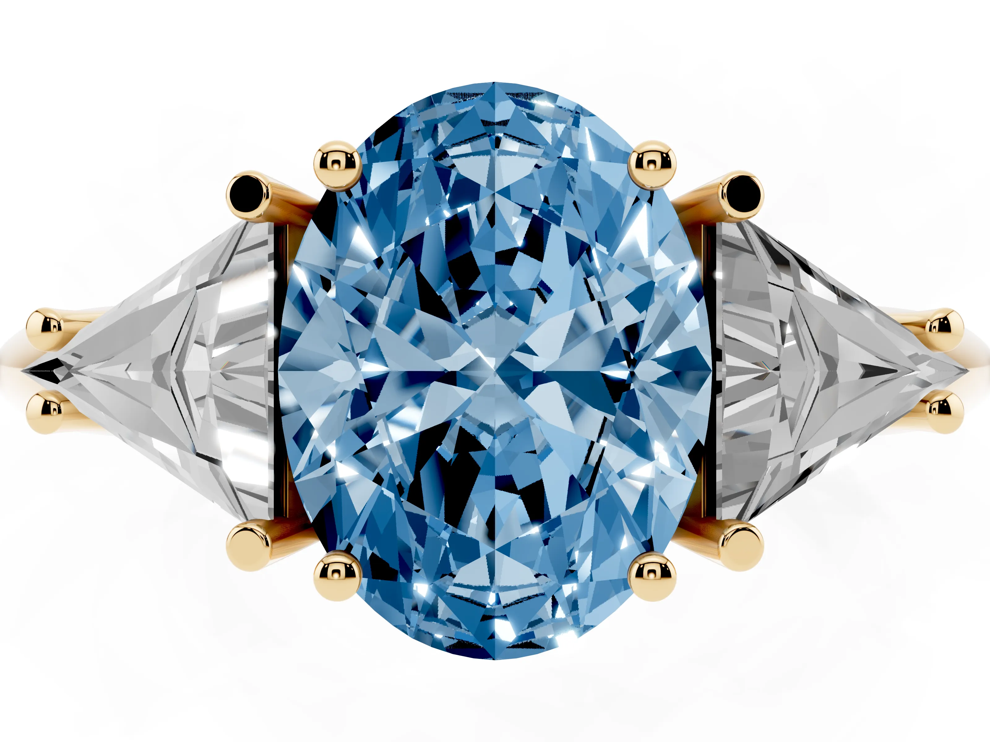 Fancy Blue Oval Cut Diamond Three-Stone Engagement Ring Set in Yellow gold with Trillion Side Stones