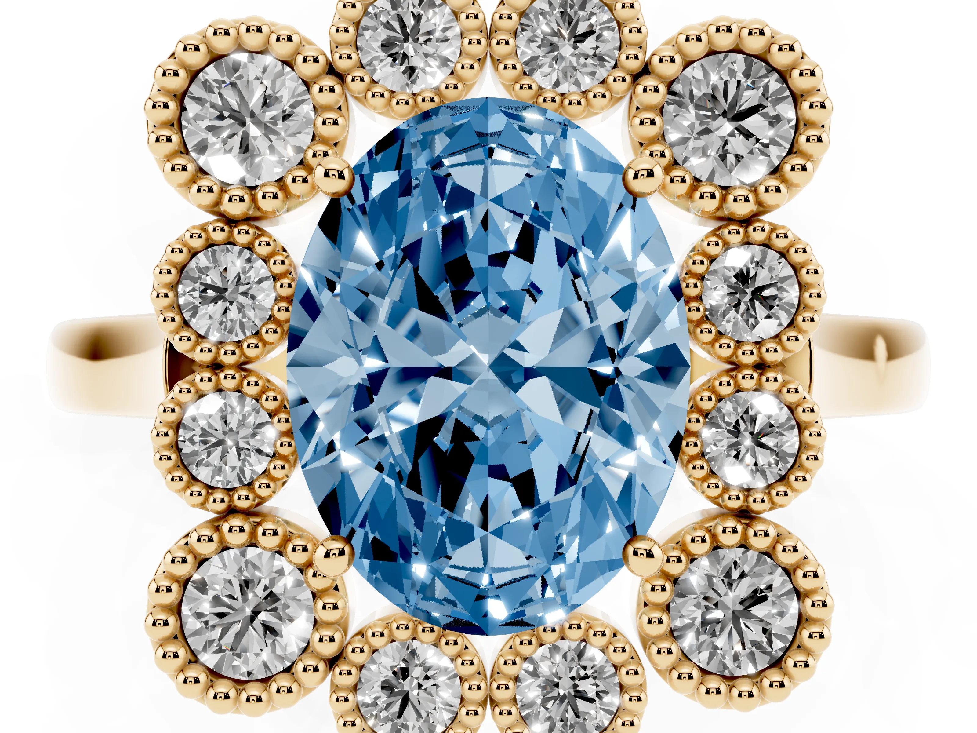 Fancy Blue Oval Cut Diamond Cluster Halo Ring Set in Yellow gold with Milgrain Bezel Accents and Plain Band