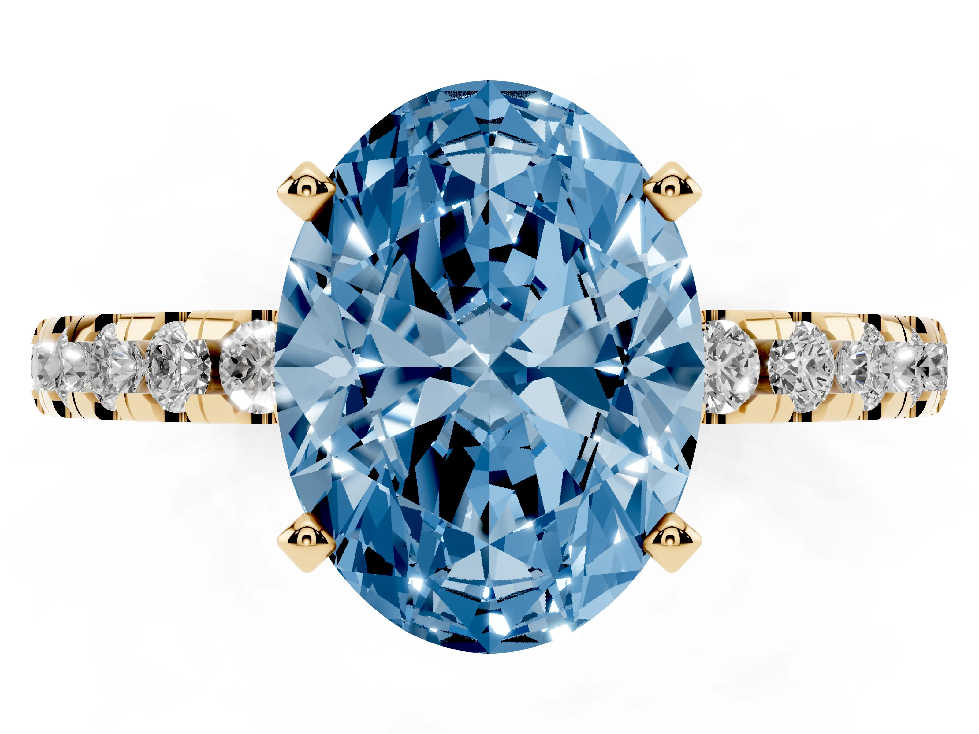 Fancy Blue Oval Cut Diamond Pavé Solitaire Ring Set in Yellow gold with Round Band Accents and Prong Setting