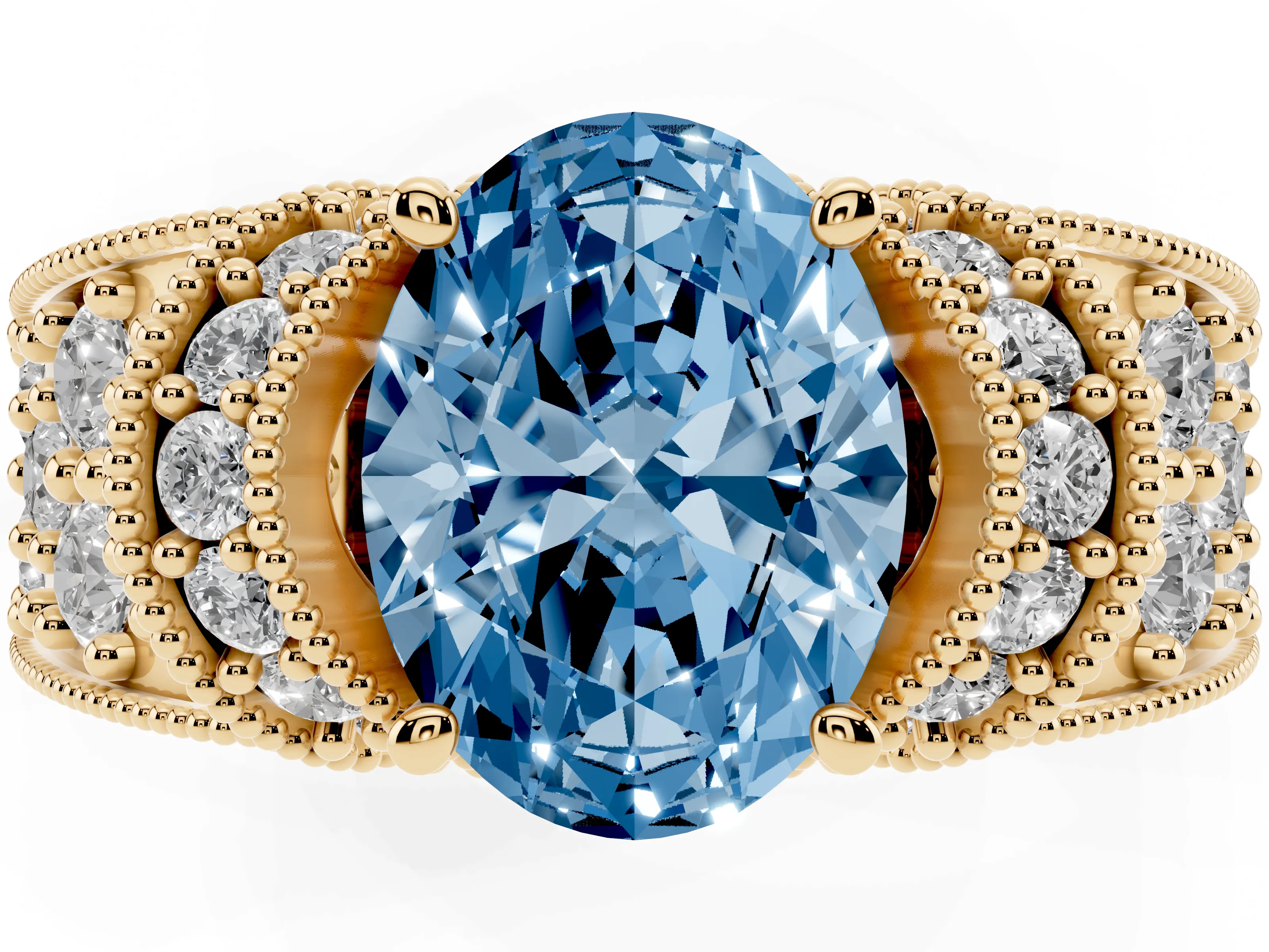 Fancy Blue Oval Cut Diamond Milgrain Halo Pavé Engagement Ring Set in Yellow gold with Prong Setting