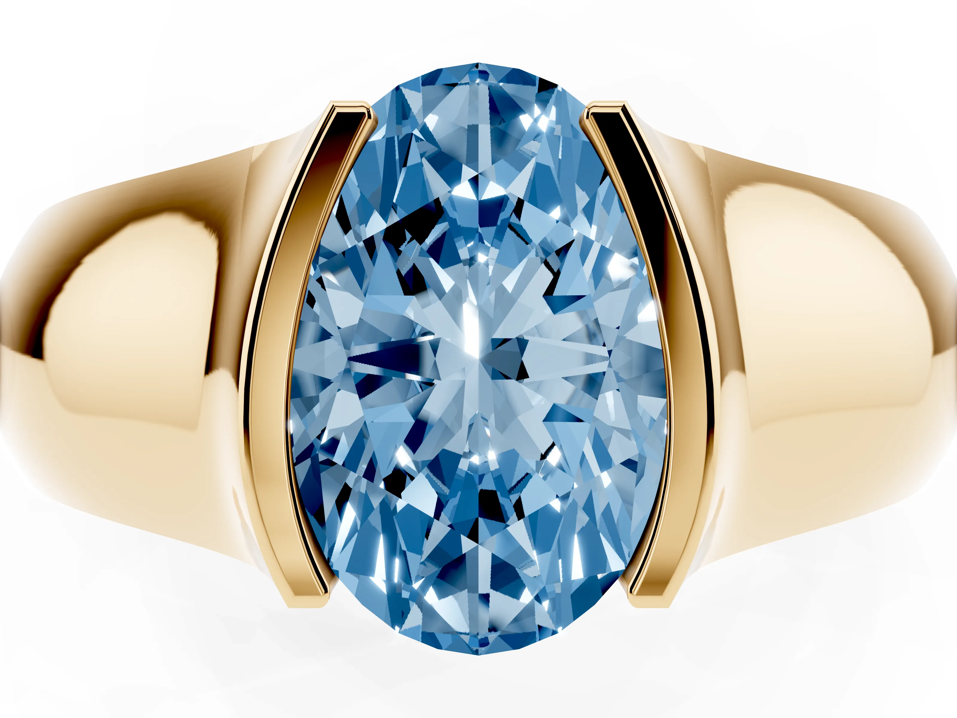 Fancy Blue Oval Cut Diamond Bezel Solitaire Ring Set in Yellow gold with Wide Band