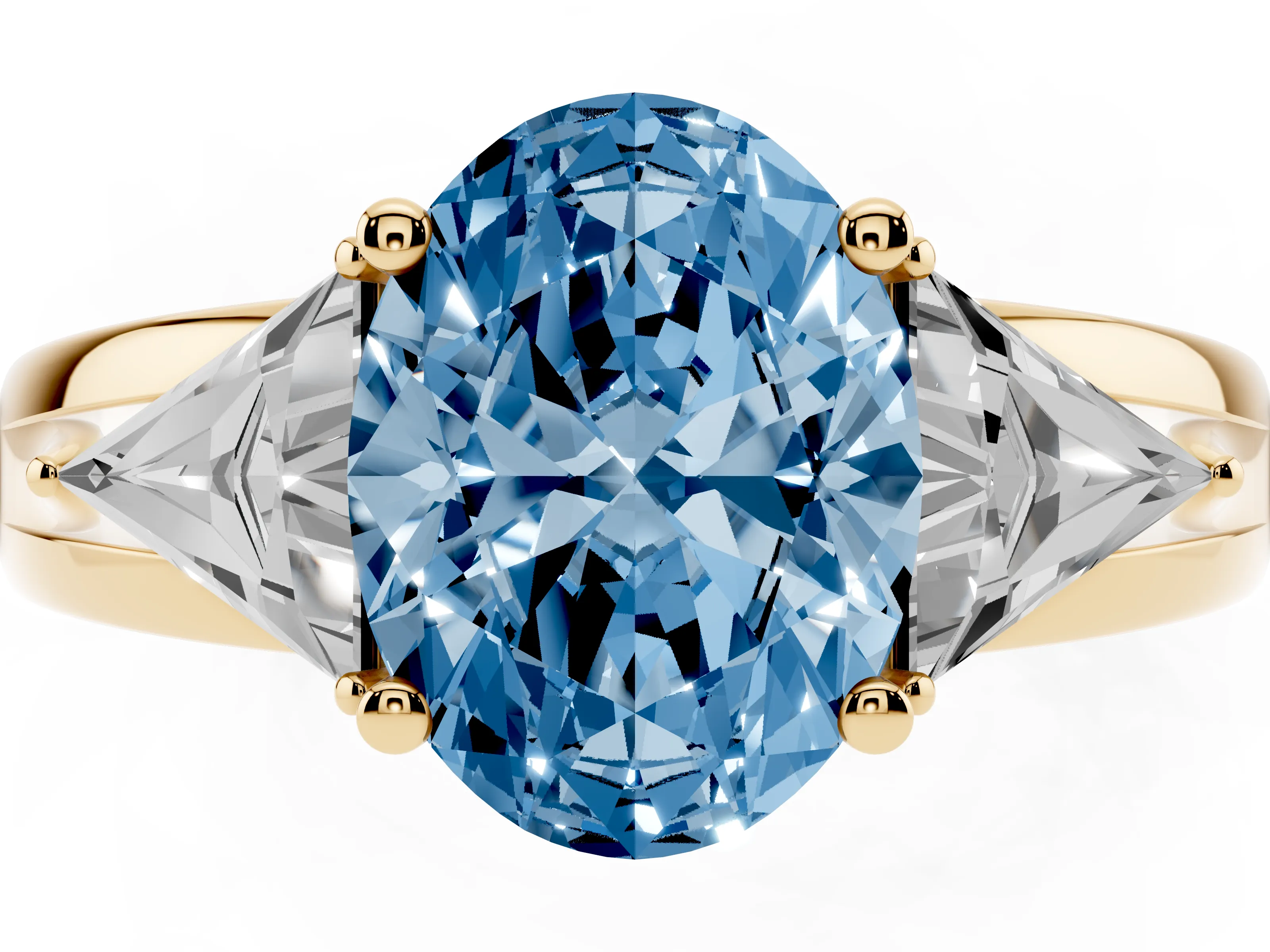 Fancy Blue Oval Cut Diamond Three-Stone Ring Set in Yellow gold with Trillion Side Stones and Split Shank