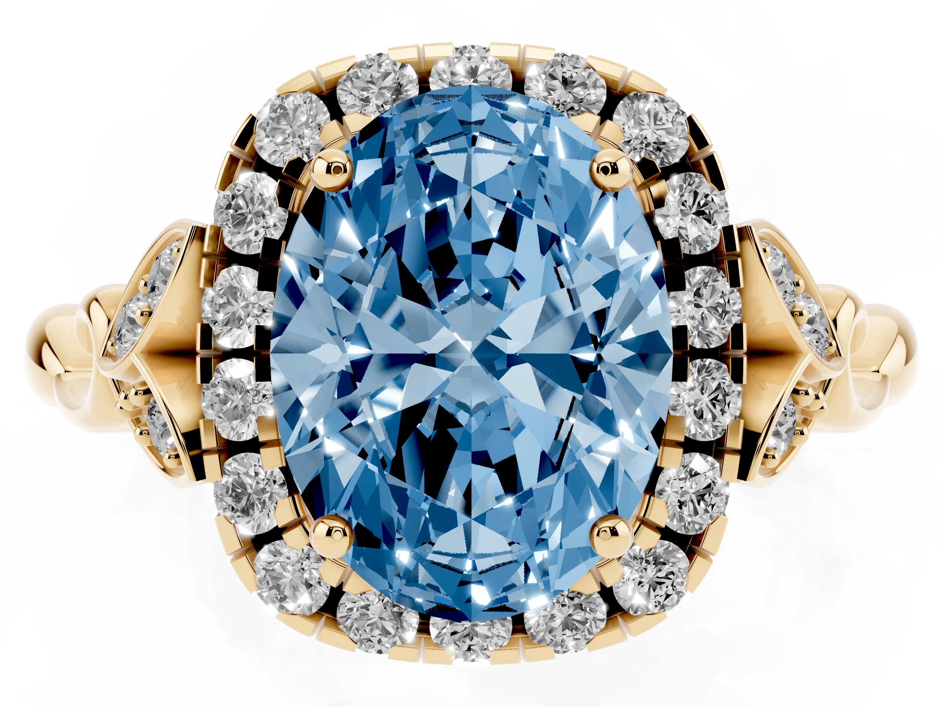 Fancy Blue Oval Cut Diamond Halo Engagement Ring Set in Yellow gold with Vintage-Inspired Band and Prong Setting